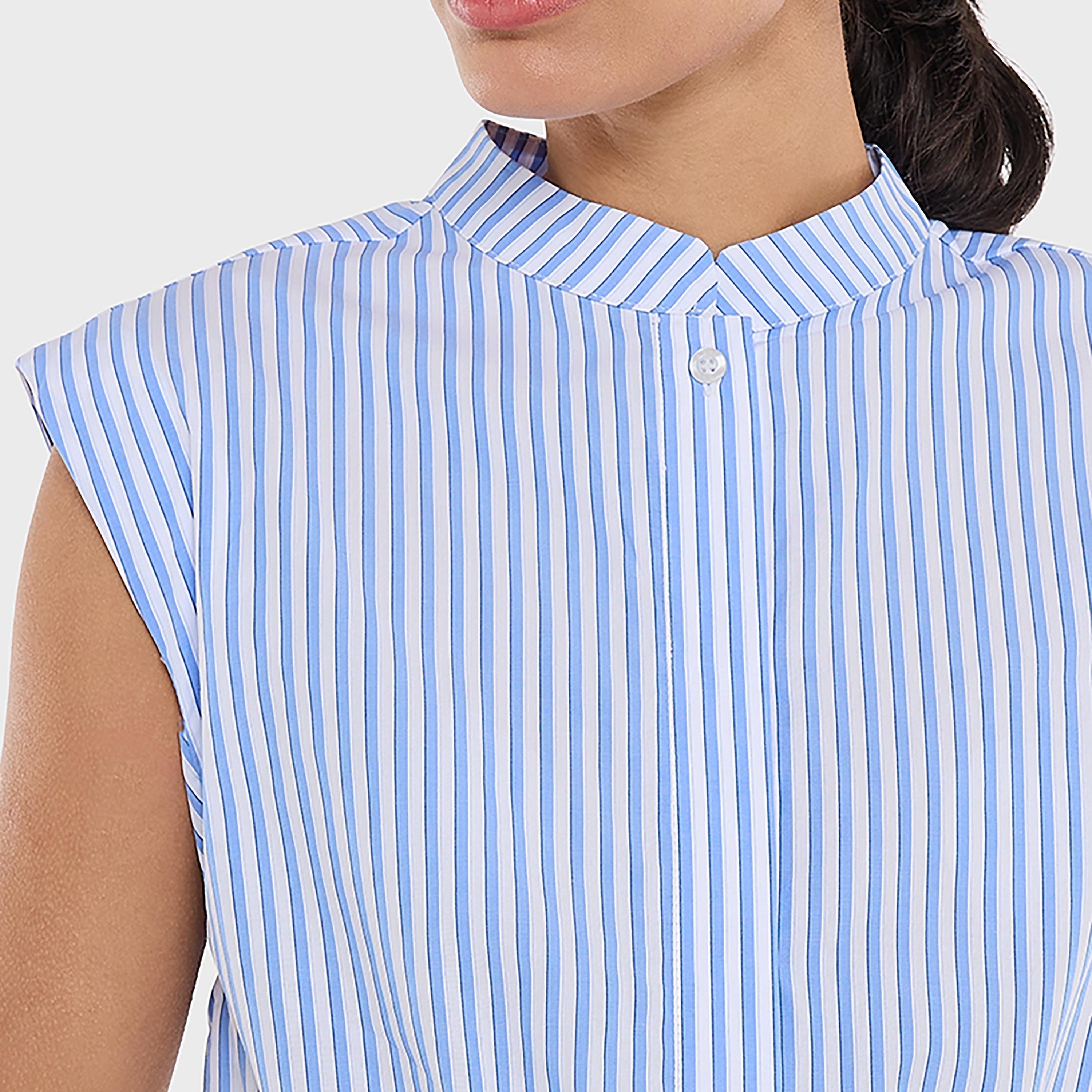 بلوزة بياقة ماندرين مخططة من القطن، متعددة الألوان للنساء من بي سي بي جي-women-clothing-shirtsandblouses-blouses-image-4