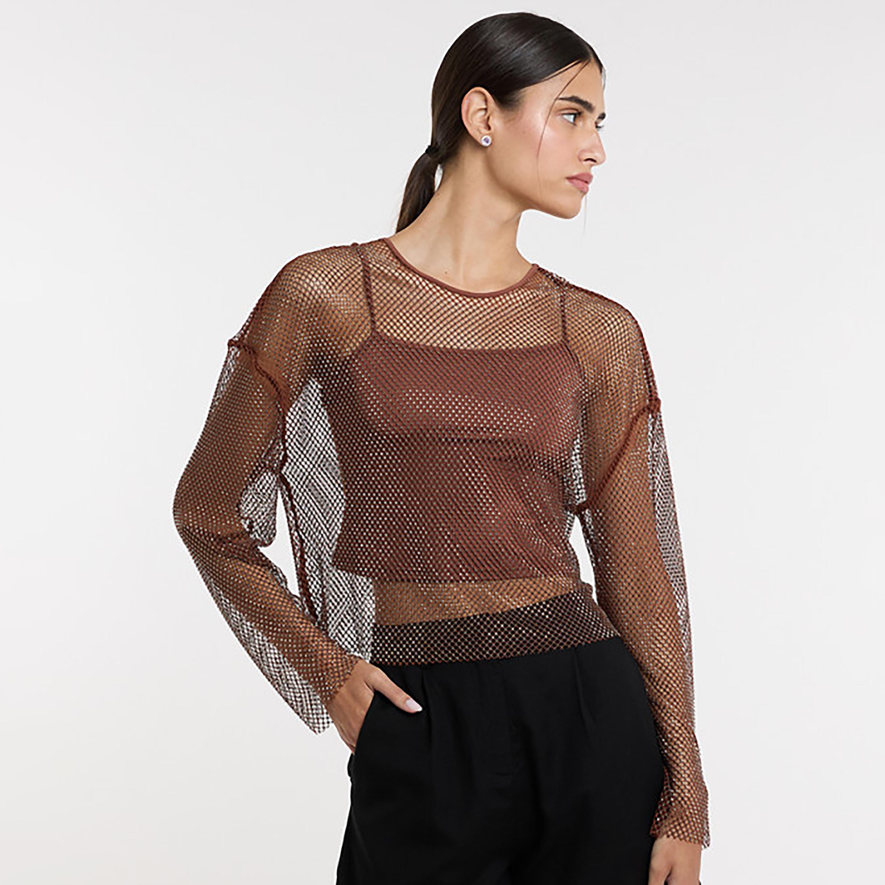بلوزة نسائية بأكمام منسدلة وقماش شبكي "ميش" لون بني من بي سي بي جي-women-clothing-shirtsandblouses-blouses-image-1