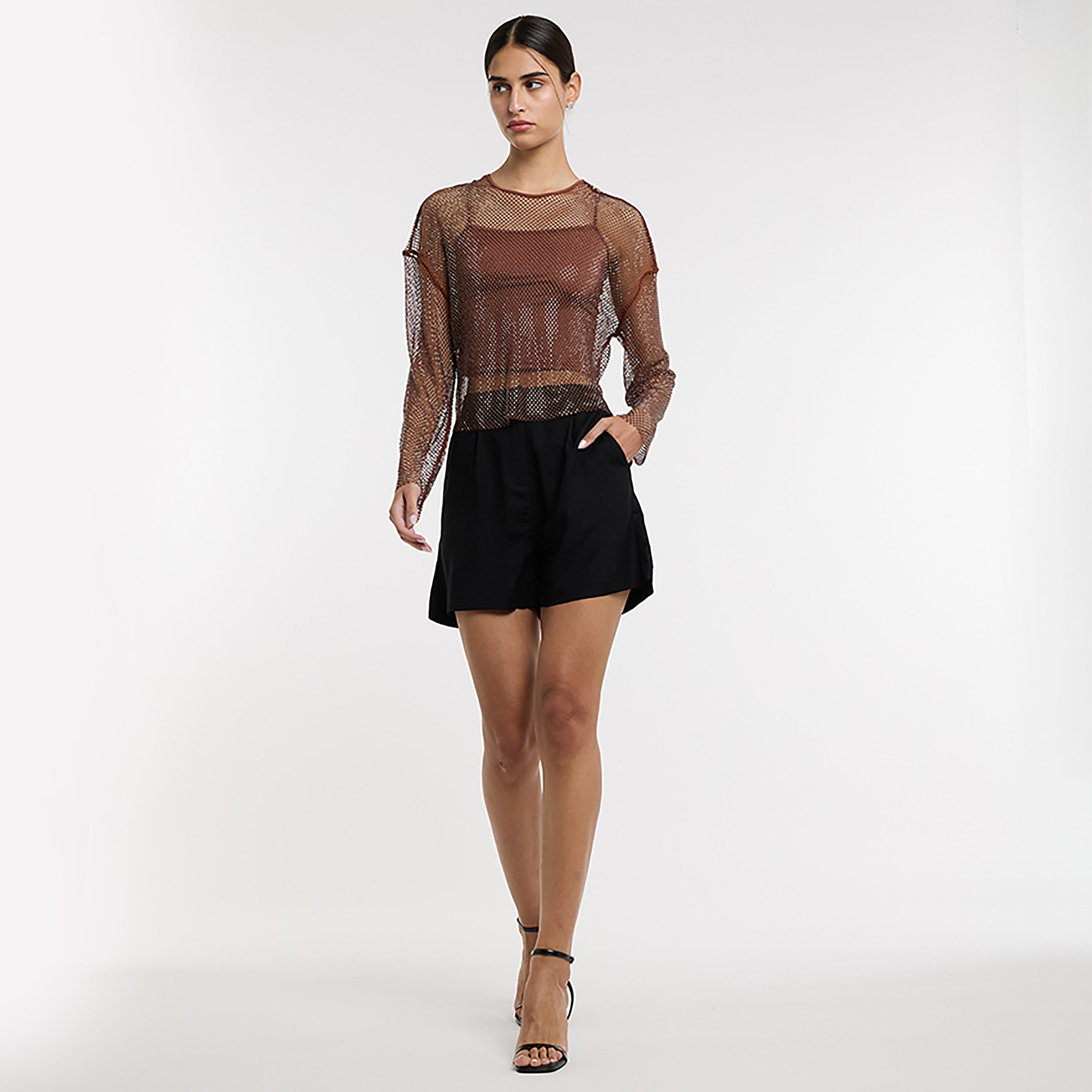 بلوزة نسائية بأكمام منسدلة وقماش شبكي "ميش" لون بني من بي سي بي جي-women-clothing-shirtsandblouses-blouses-image-2
