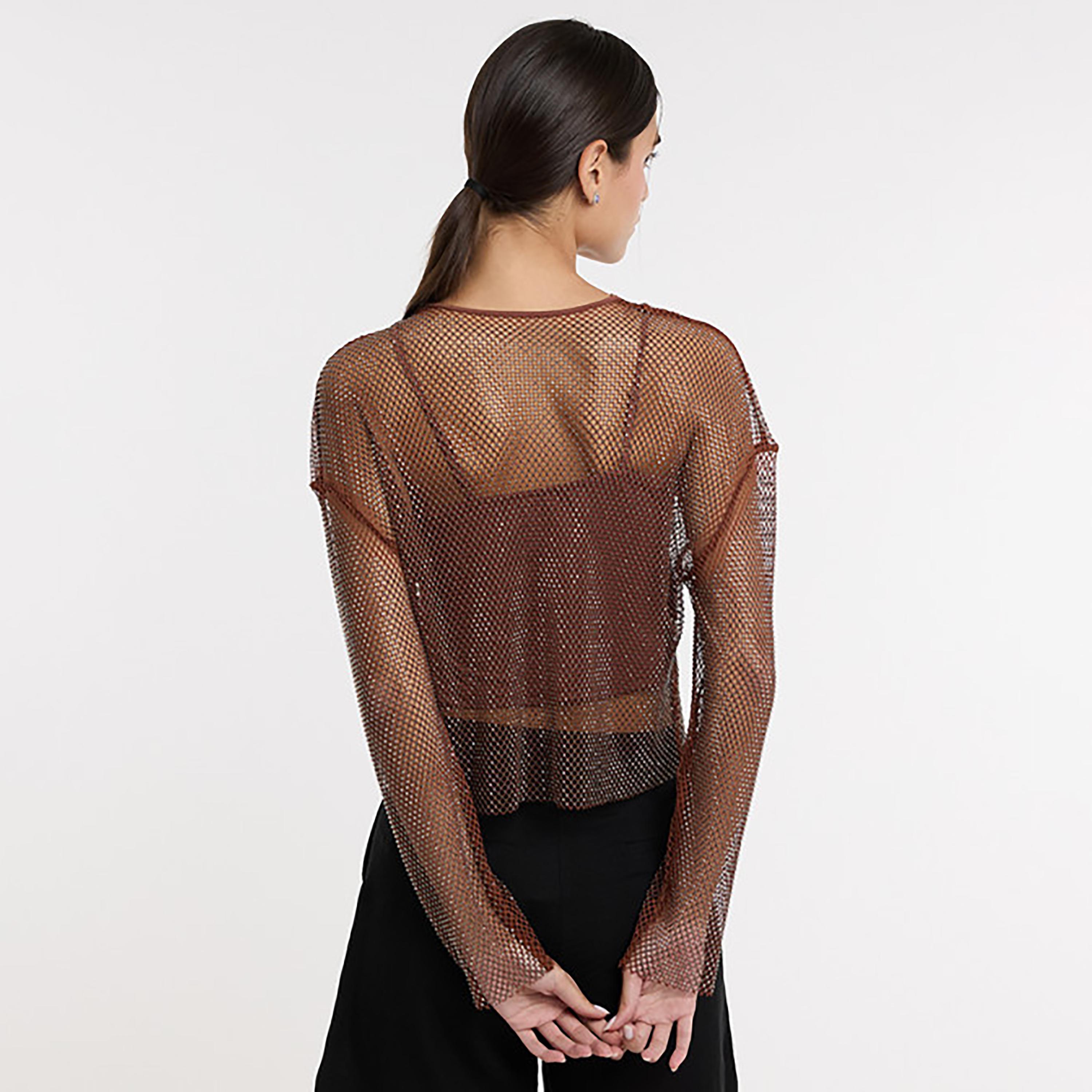 بلوزة نسائية بأكمام منسدلة وقماش شبكي "ميش" لون بني من بي سي بي جي-women-clothing-shirtsandblouses-blouses-image-3