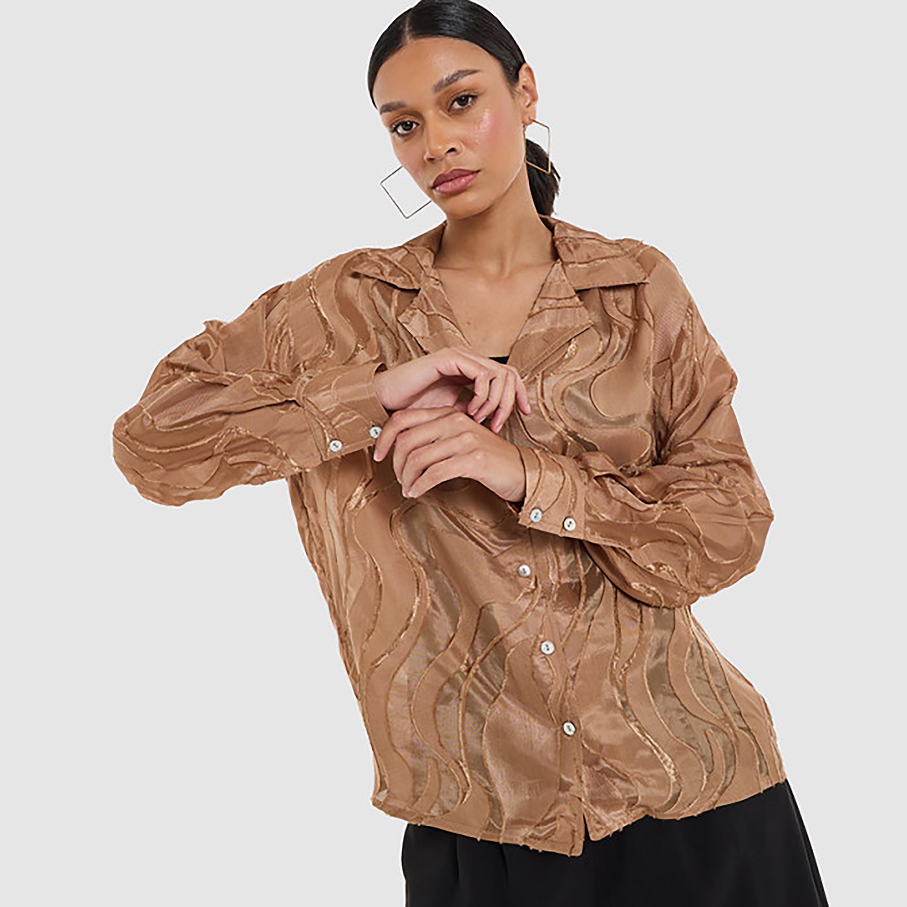 BCBG Rust Patterned Lapel Collar Women's Shirt-women-clothing-shirtsandblouses-shirts-image-1