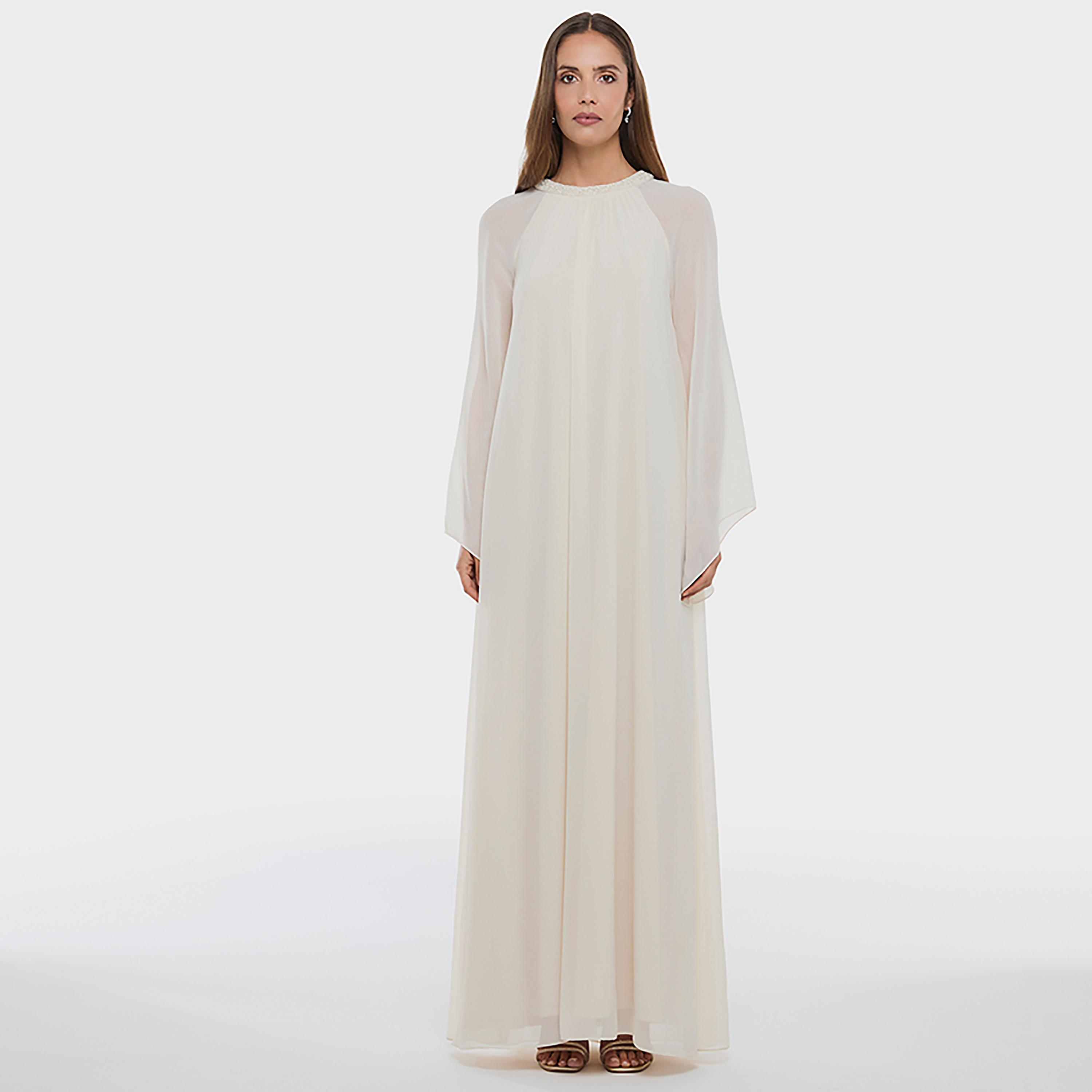 BCBG White Embellished Neck Flared Sleeves Women's Maxi Dress-women-clothing-dresses-image-1