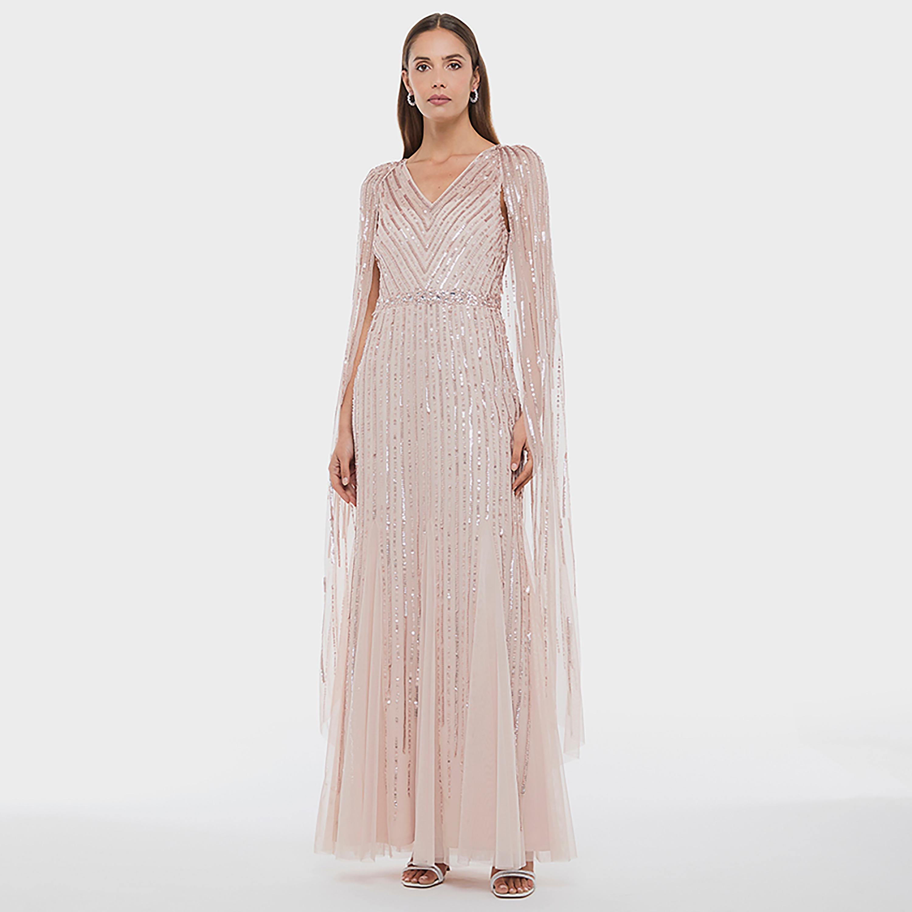 BCBG Pink Sequined Cape Sleeves Fit & Flared Women's Evening Maxi Dress-women-clothing-dresses-image-1