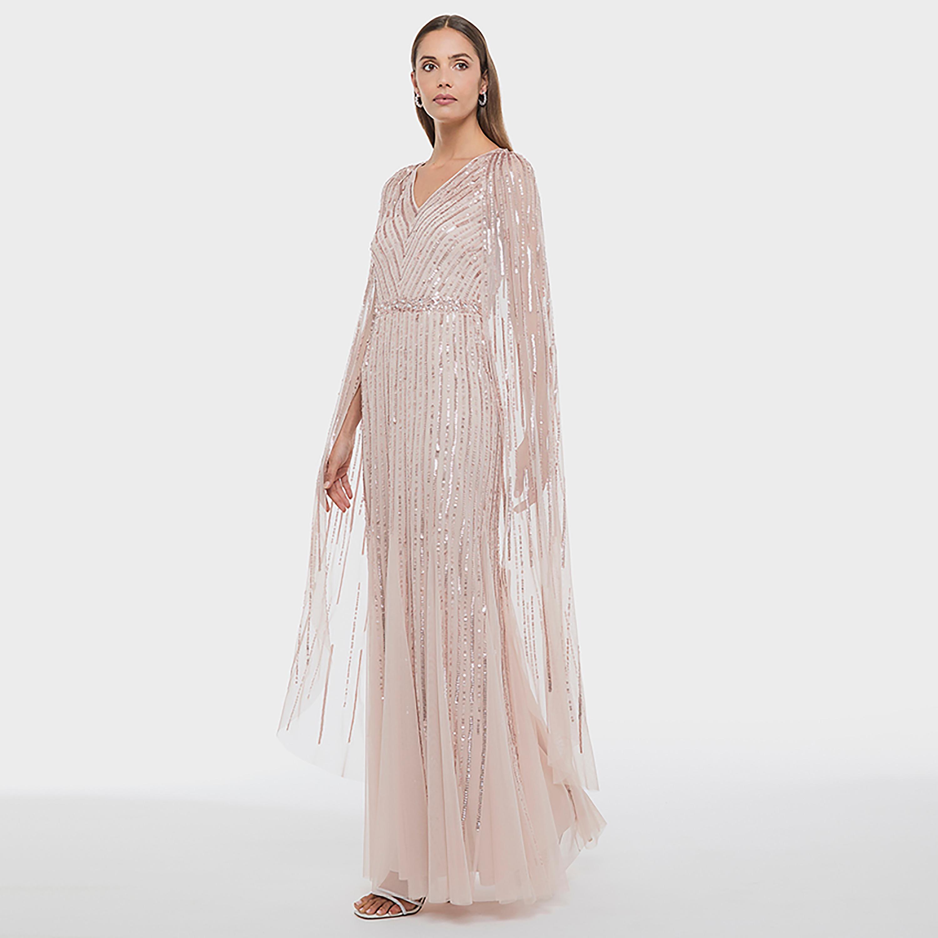 BCBG Pink Sequined Cape Sleeves Fit & Flared Women's Evening Maxi Dress-women-clothing-dresses-image-2