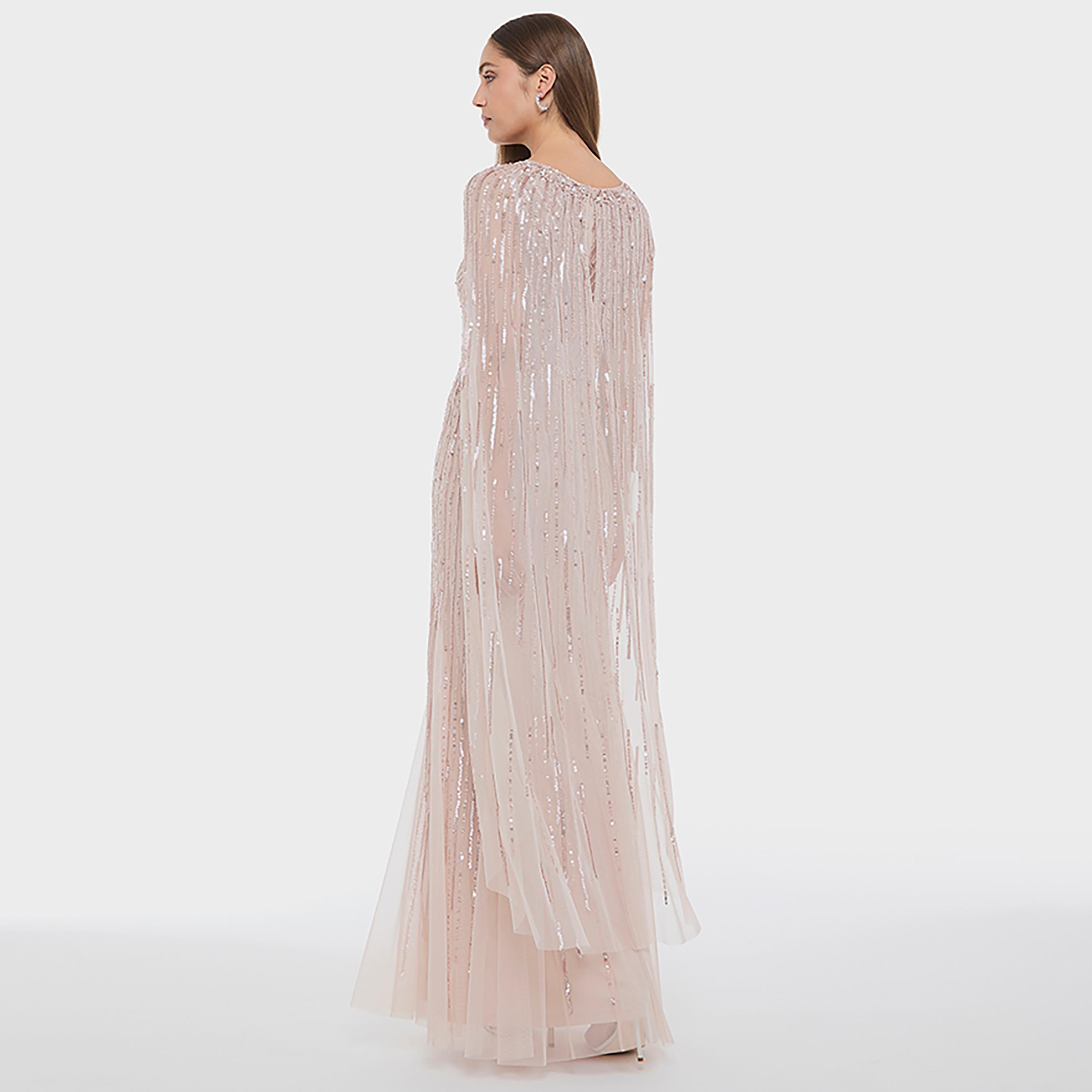 BCBG Pink Sequined Cape Sleeves Fit & Flared Women's Evening Maxi Dress-women-clothing-dresses-image-3