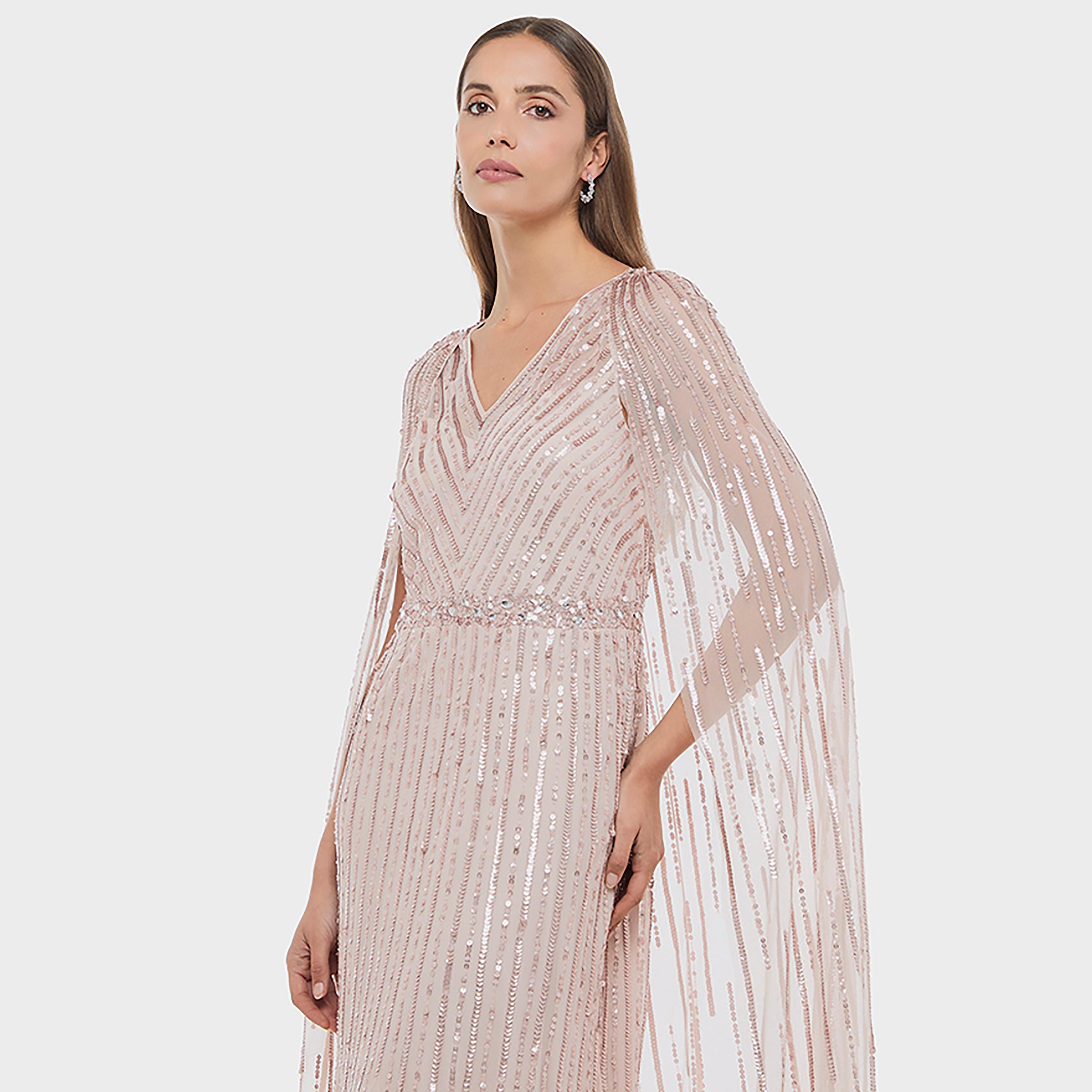 BCBG Pink Sequined Cape Sleeves Fit & Flared Women's Evening Maxi Dress-women-clothing-dresses-image-4