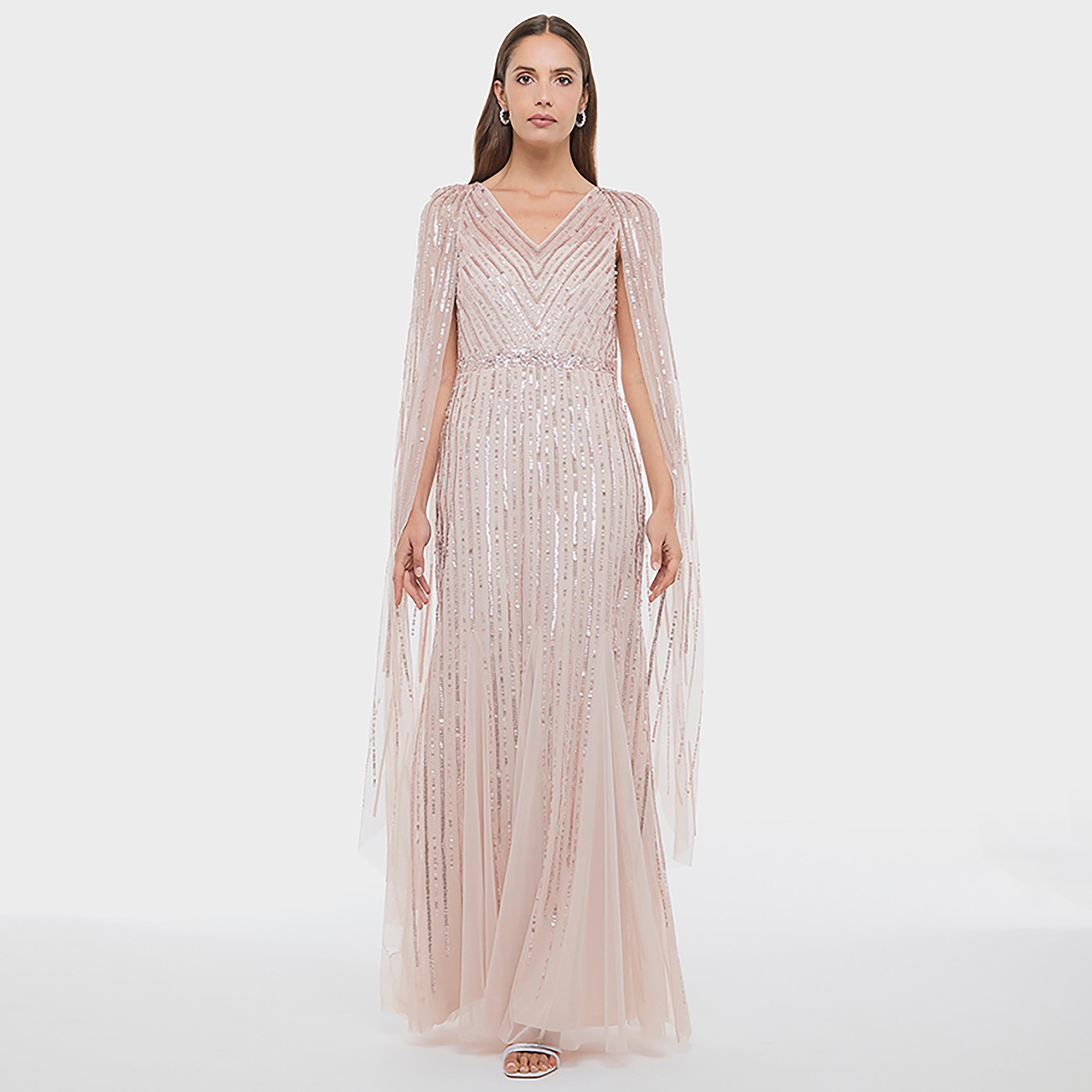 BCBG Pink Sequined Cape Sleeves Fit & Flared Women's Evening Maxi Dress-women-clothing-dresses-image-5