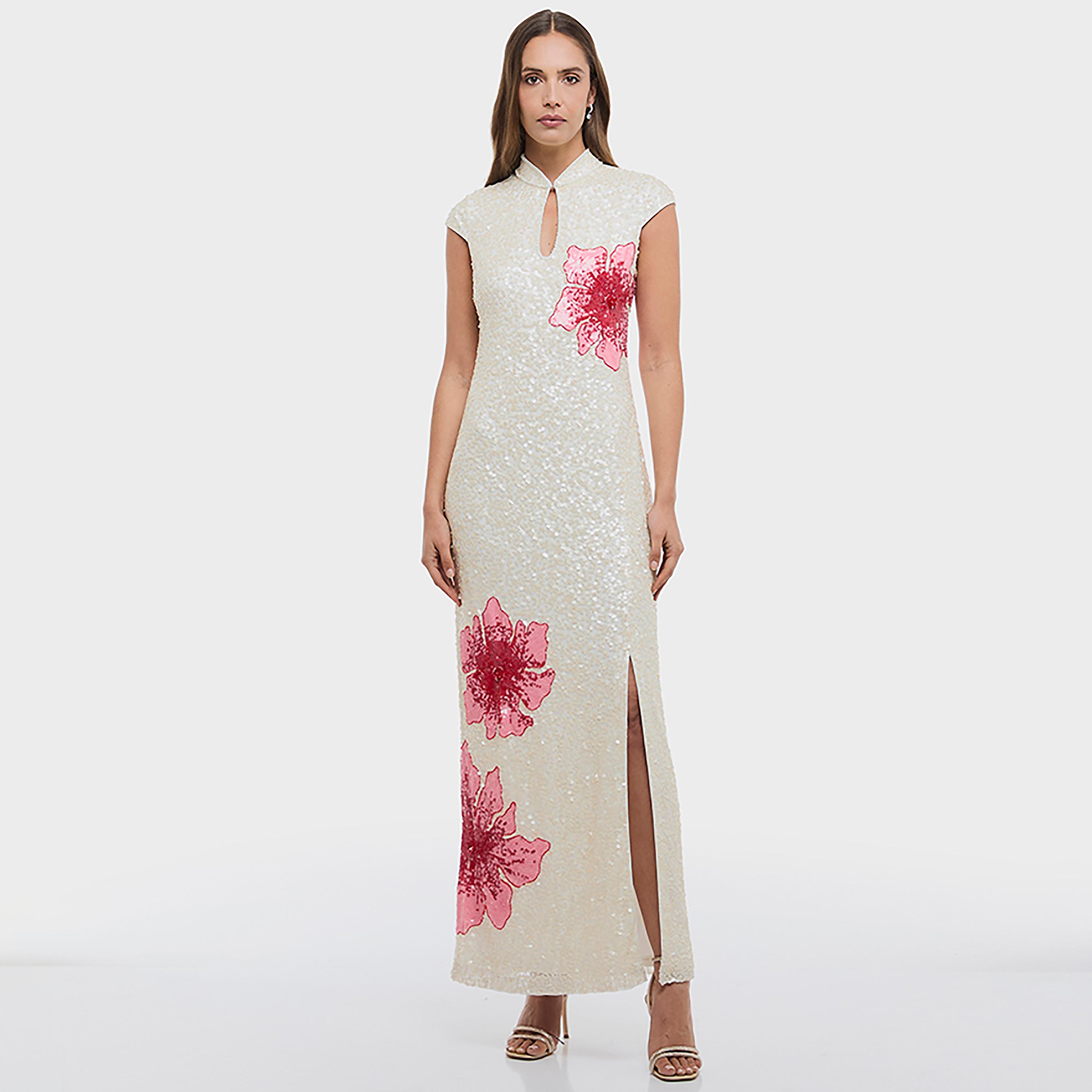 BCBG White Sequined Keyhole Neck Cap Sleeves Column Women's Evening Maxi Dress-women-clothing-dresses-image-1