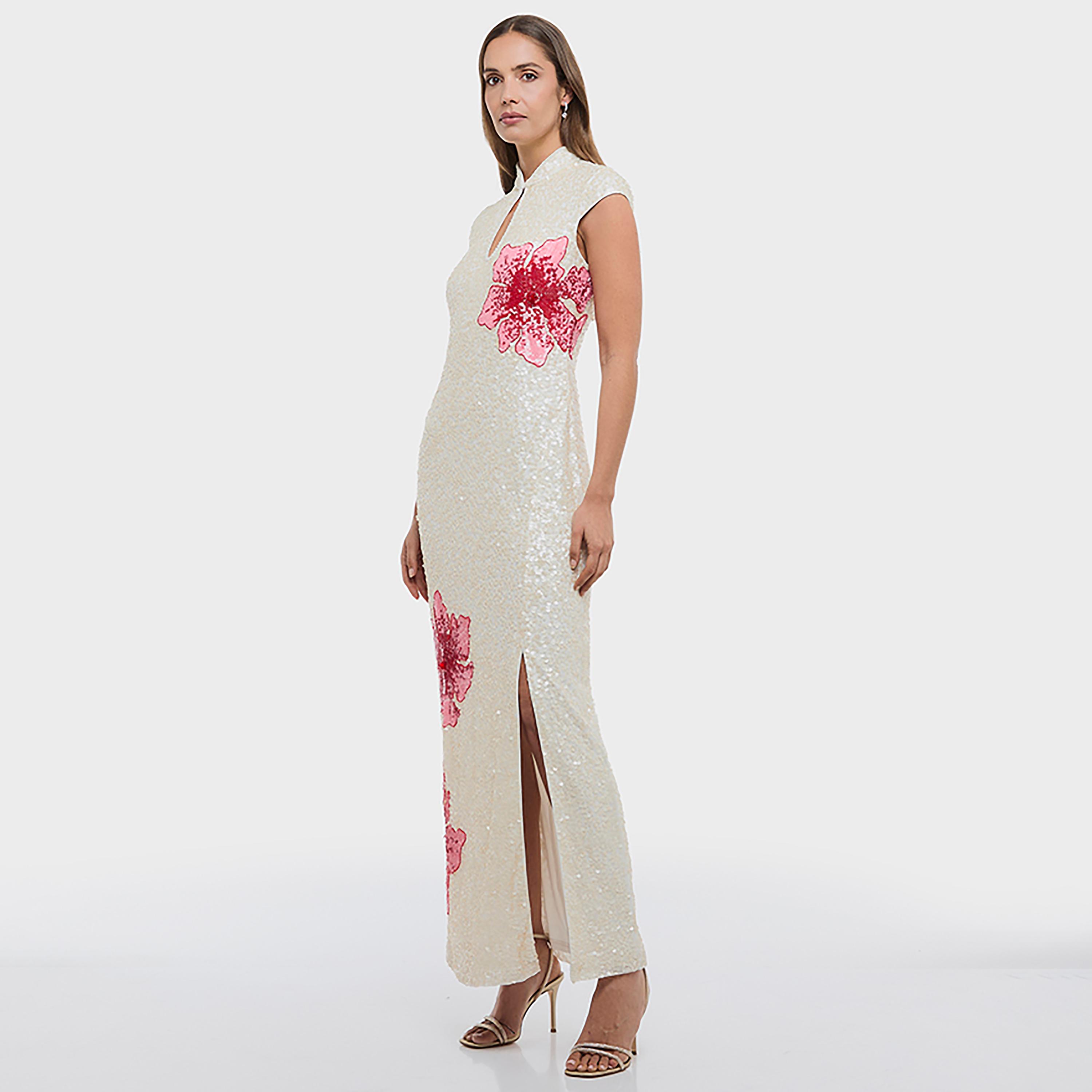 BCBG White Sequined Keyhole Neck Cap Sleeves Column Women's Evening Maxi Dress-women-clothing-dresses-image-2