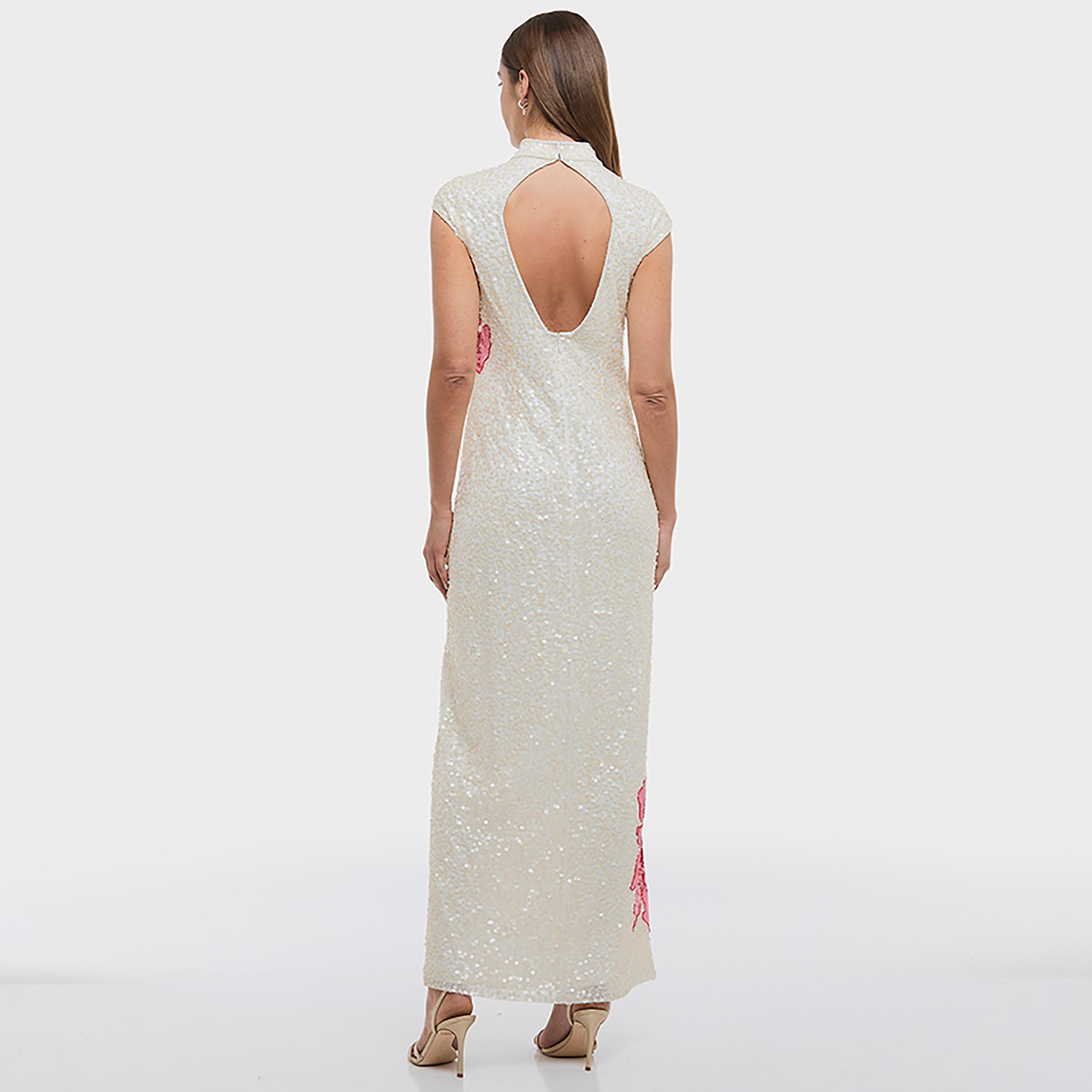 BCBG White Sequined Keyhole Neck Cap Sleeves Column Women's Evening Maxi Dress-women-clothing-dresses-image-3