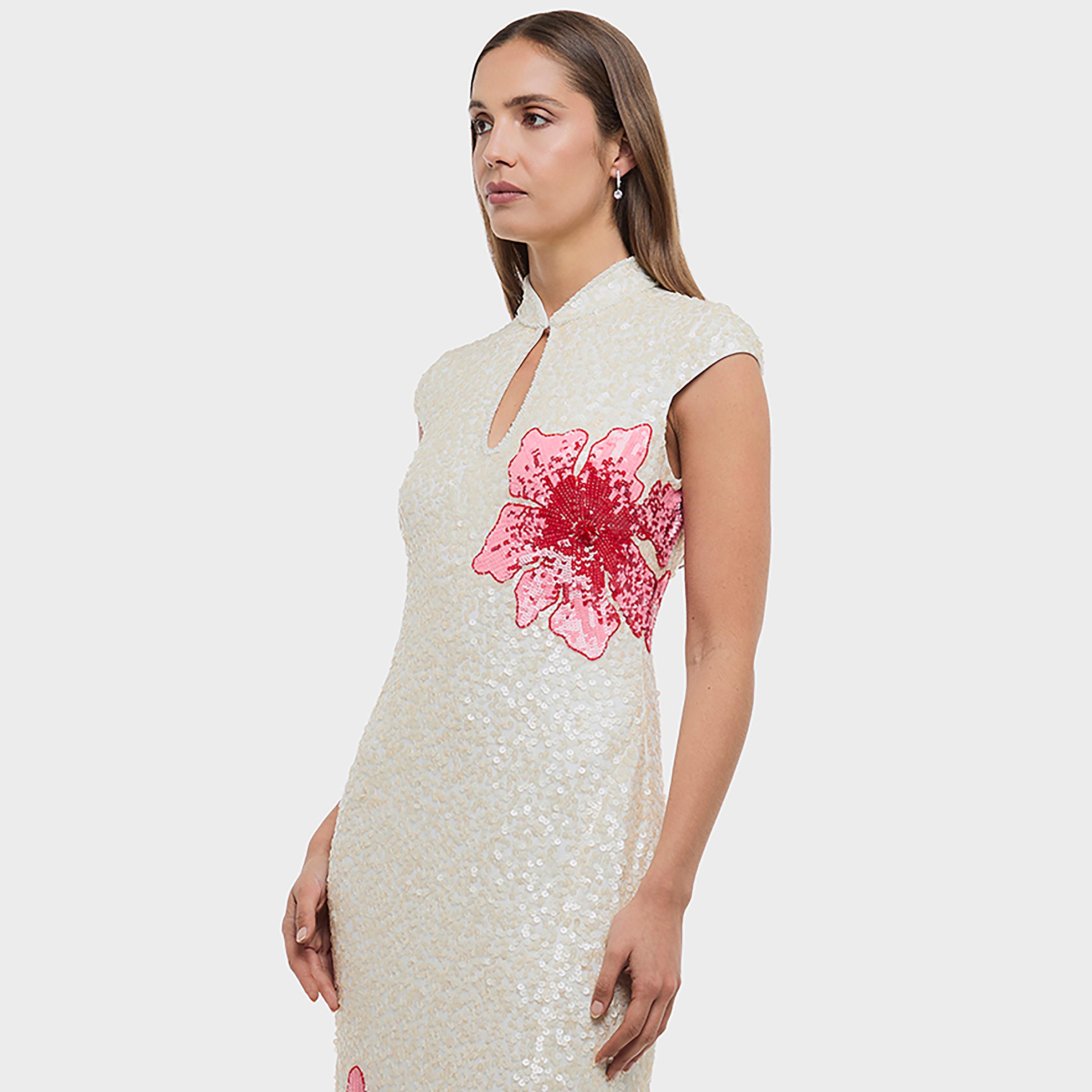 BCBG White Sequined Keyhole Neck Cap Sleeves Column Women's Evening Maxi Dress-women-clothing-dresses-image-4