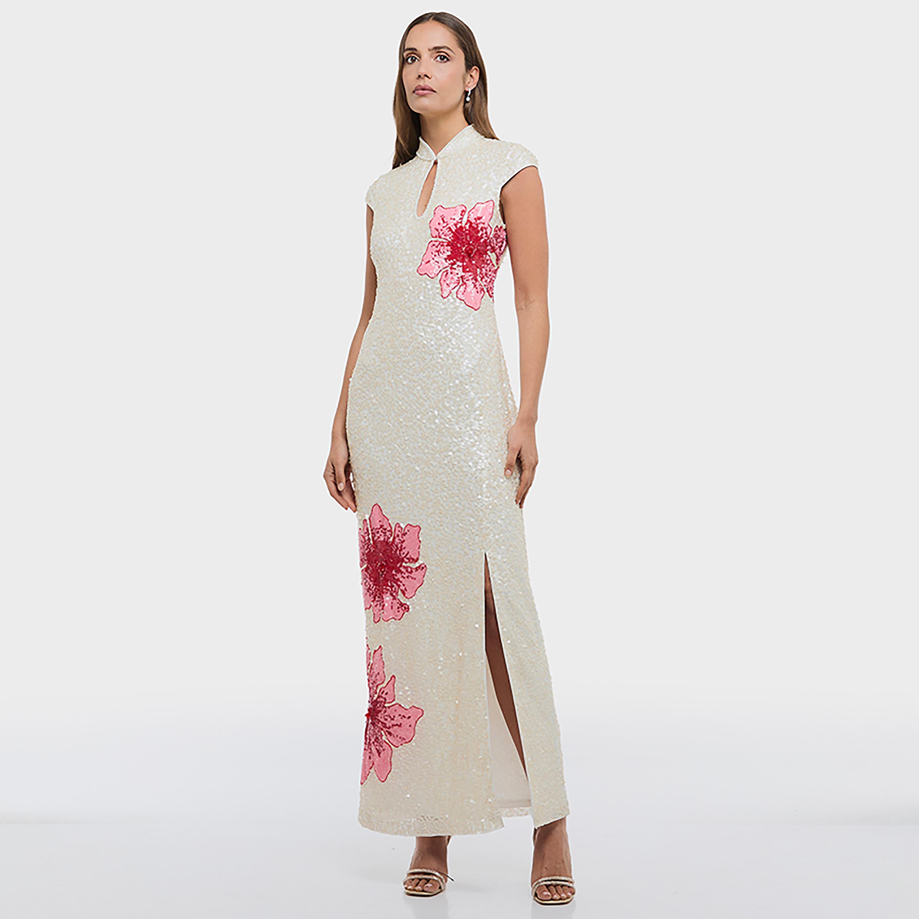 BCBG White Sequined Keyhole Neck Cap Sleeves Column Women's Evening Maxi Dress-women-clothing-dresses-image-5