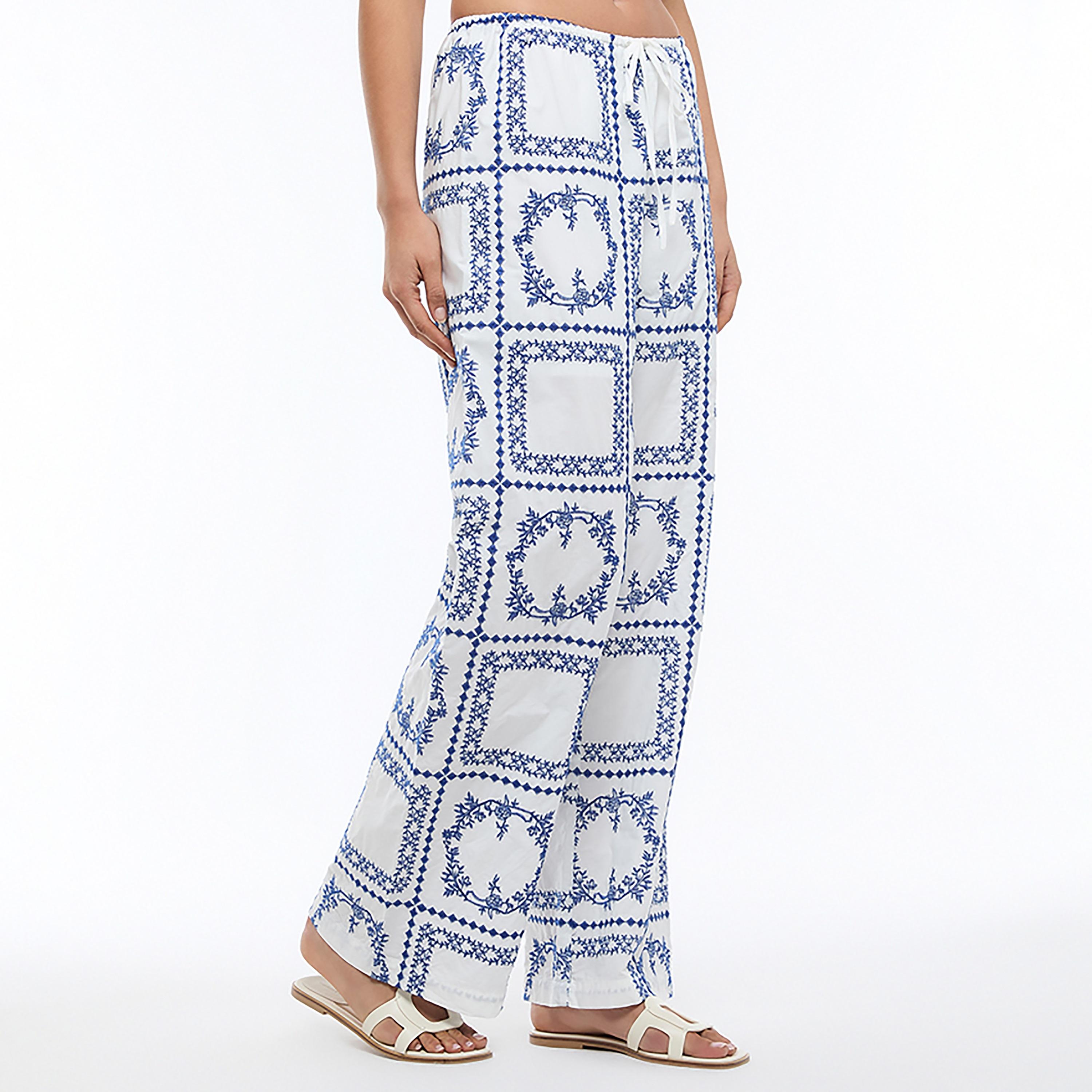 BCBG White Geometric Embroidered Wide Leg Women's Trousers-women-clothing-bottoms-trousers-image-3
