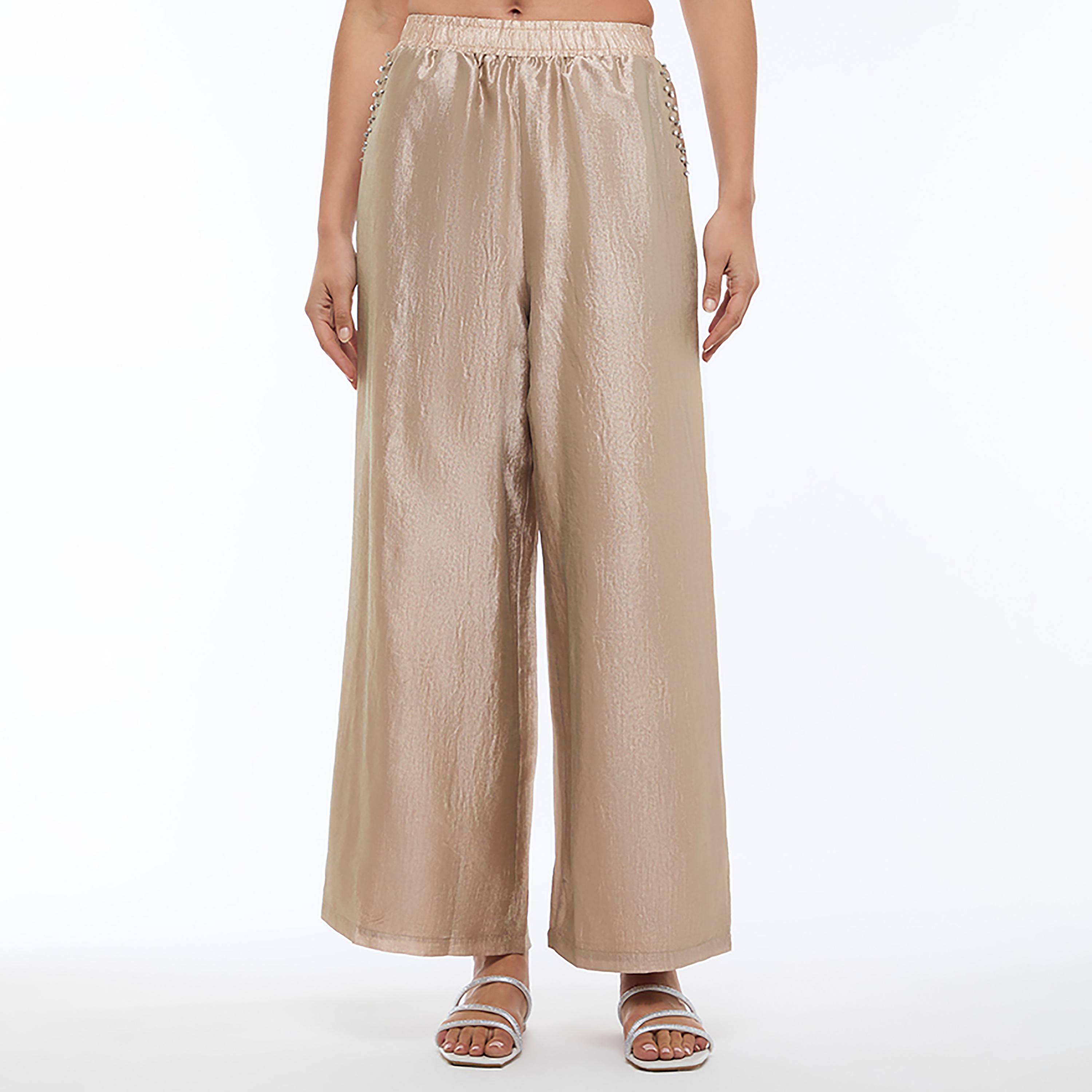 بنطلون نسائي أرجل واسعة وقماش حريري لون ذهبي من بي سي بي جي-women-clothing-bottoms-trousers-image-1