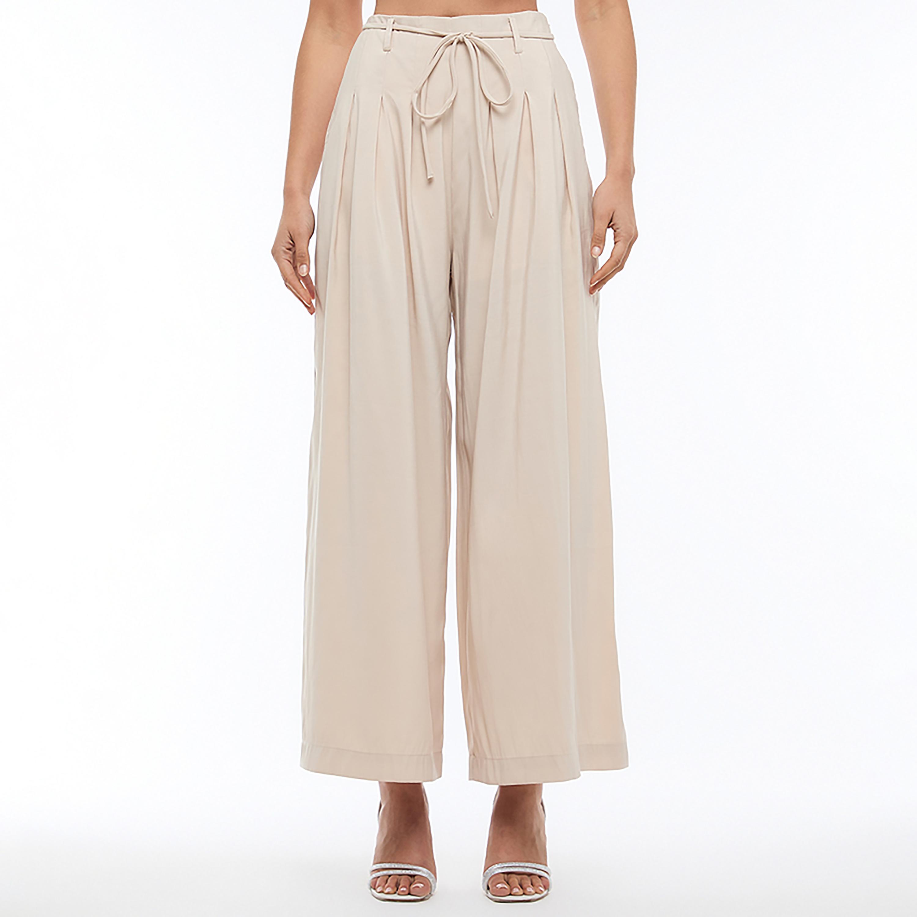 BCBG Beige Pleated Cupro Wide Leg Women's Trousers-women-clothing-bottoms-trousers-image-1