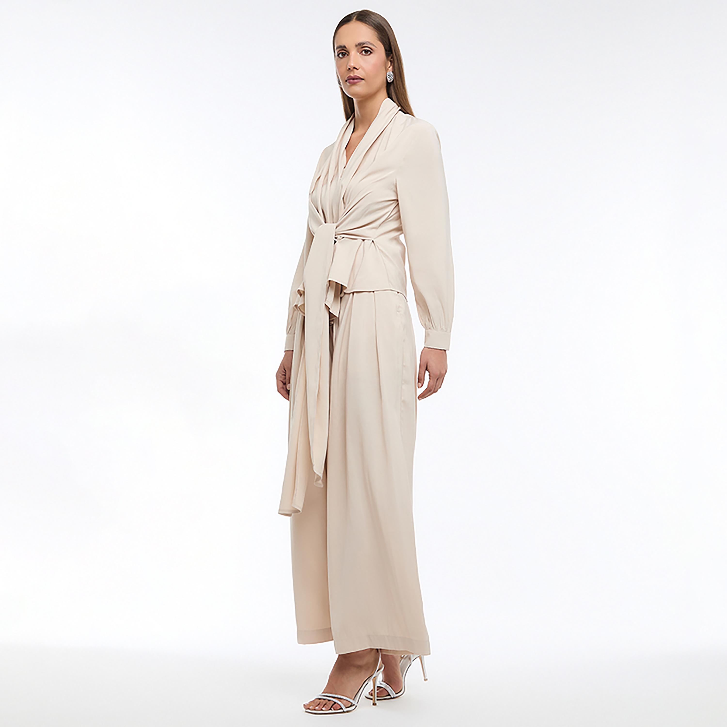 BCBG Beige Pleated Cupro Wide Leg Women's Trousers-women-clothing-bottoms-trousers-image-2