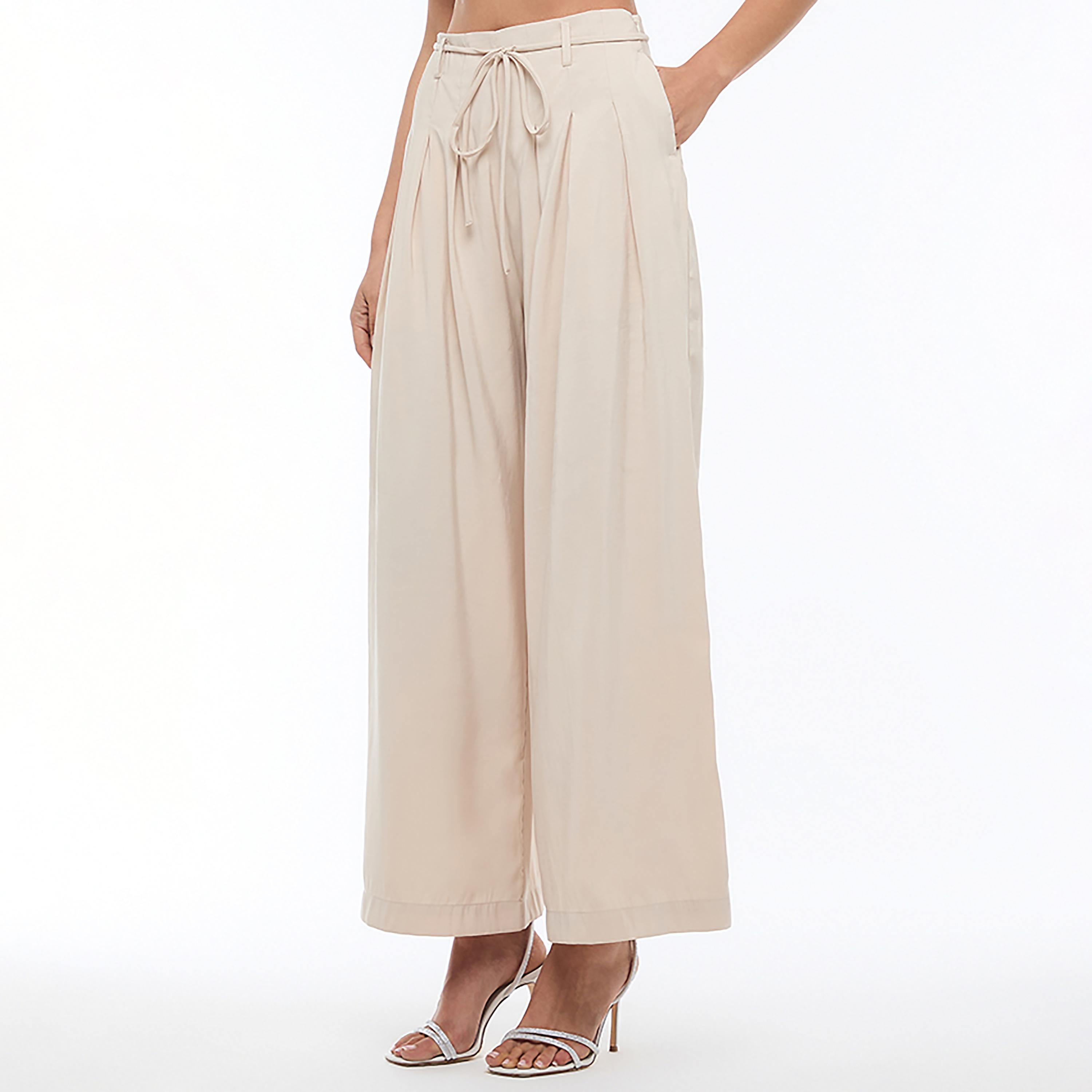 BCBG Beige Pleated Cupro Wide Leg Women's Trousers-women-clothing-bottoms-trousers-image-3