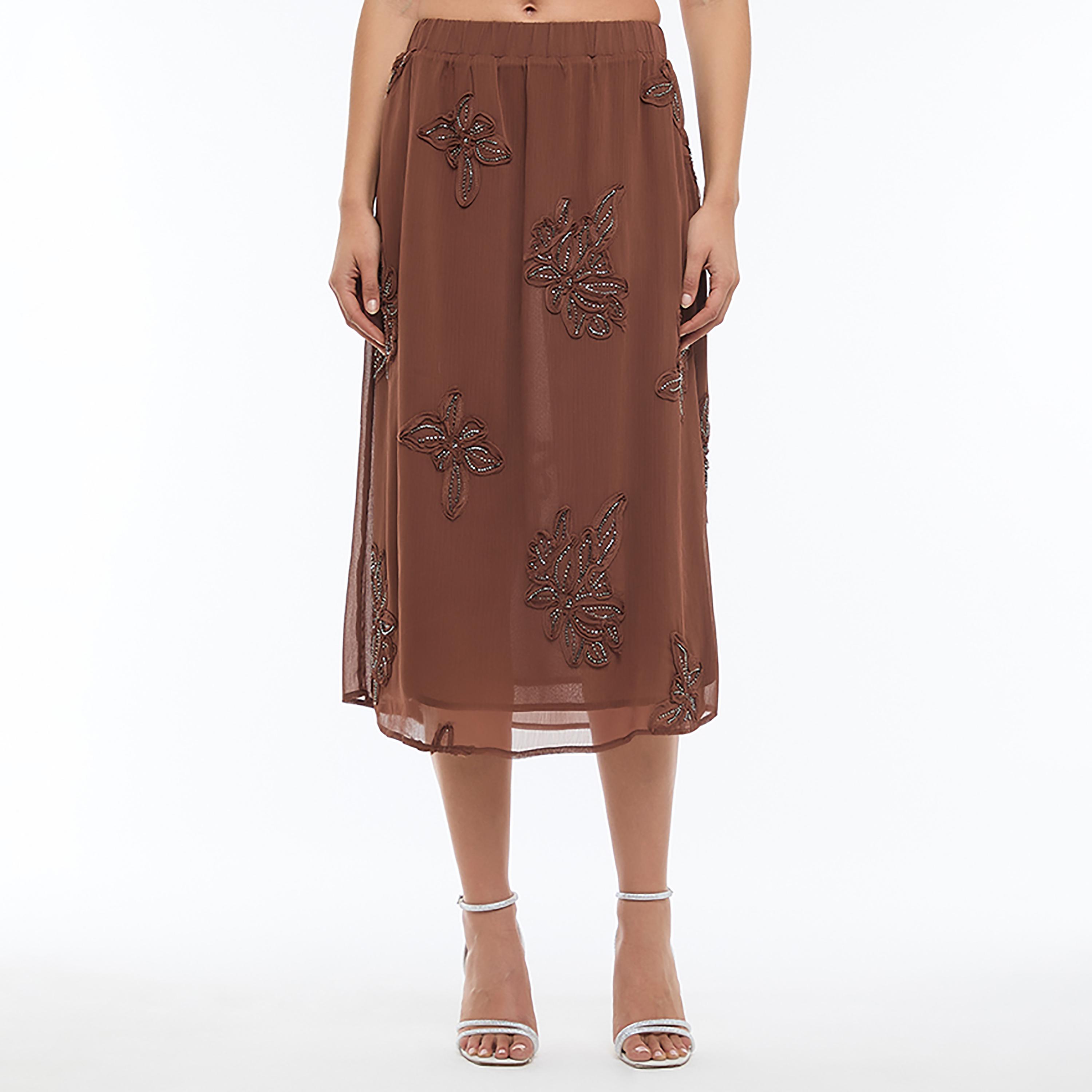 BCBG Brown Floral Embroidered A-line Women's Skirt-women-clothing-bottoms-skirts-image-1