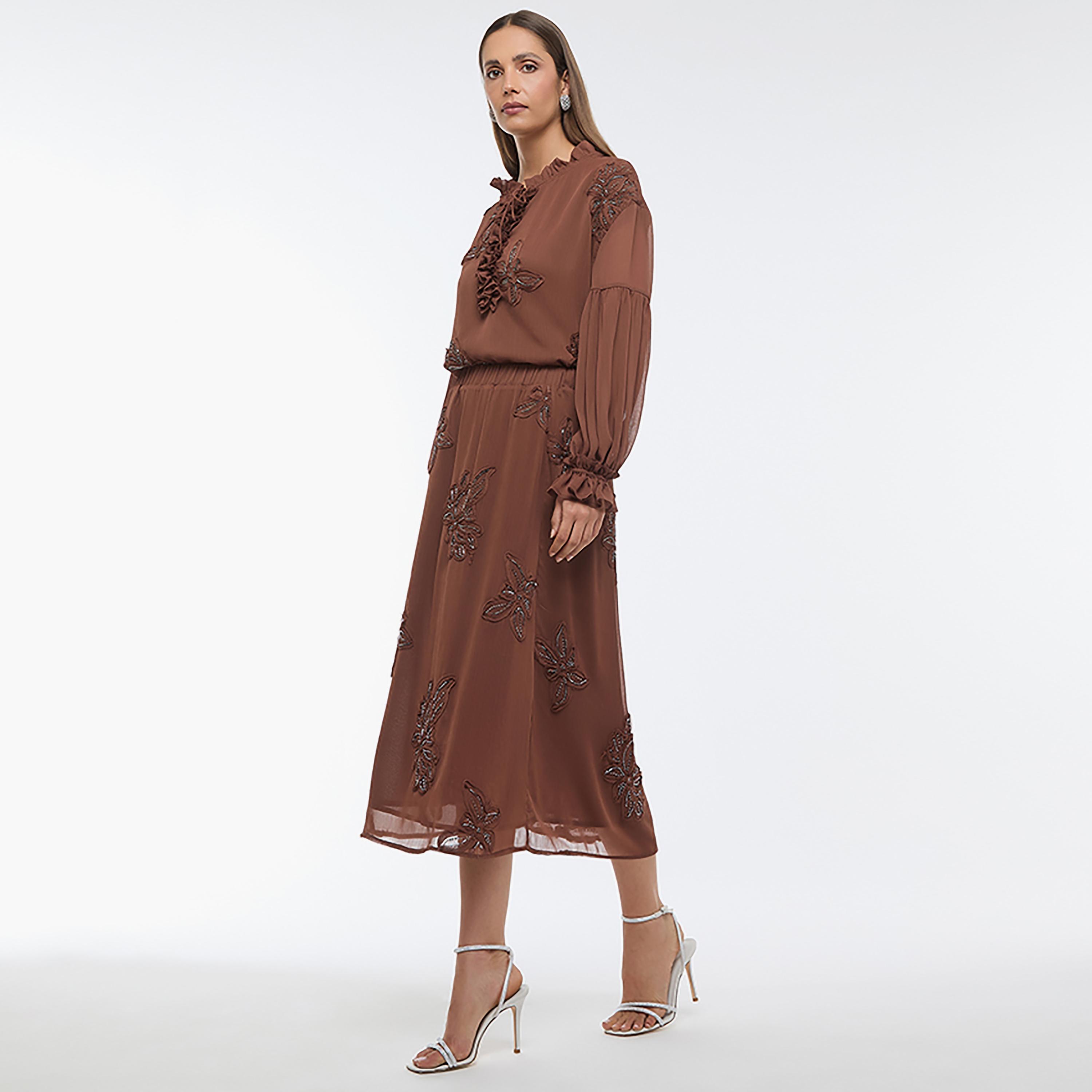 BCBG Brown Floral Embroidered A-line Women's Skirt-women-clothing-bottoms-skirts-image-2