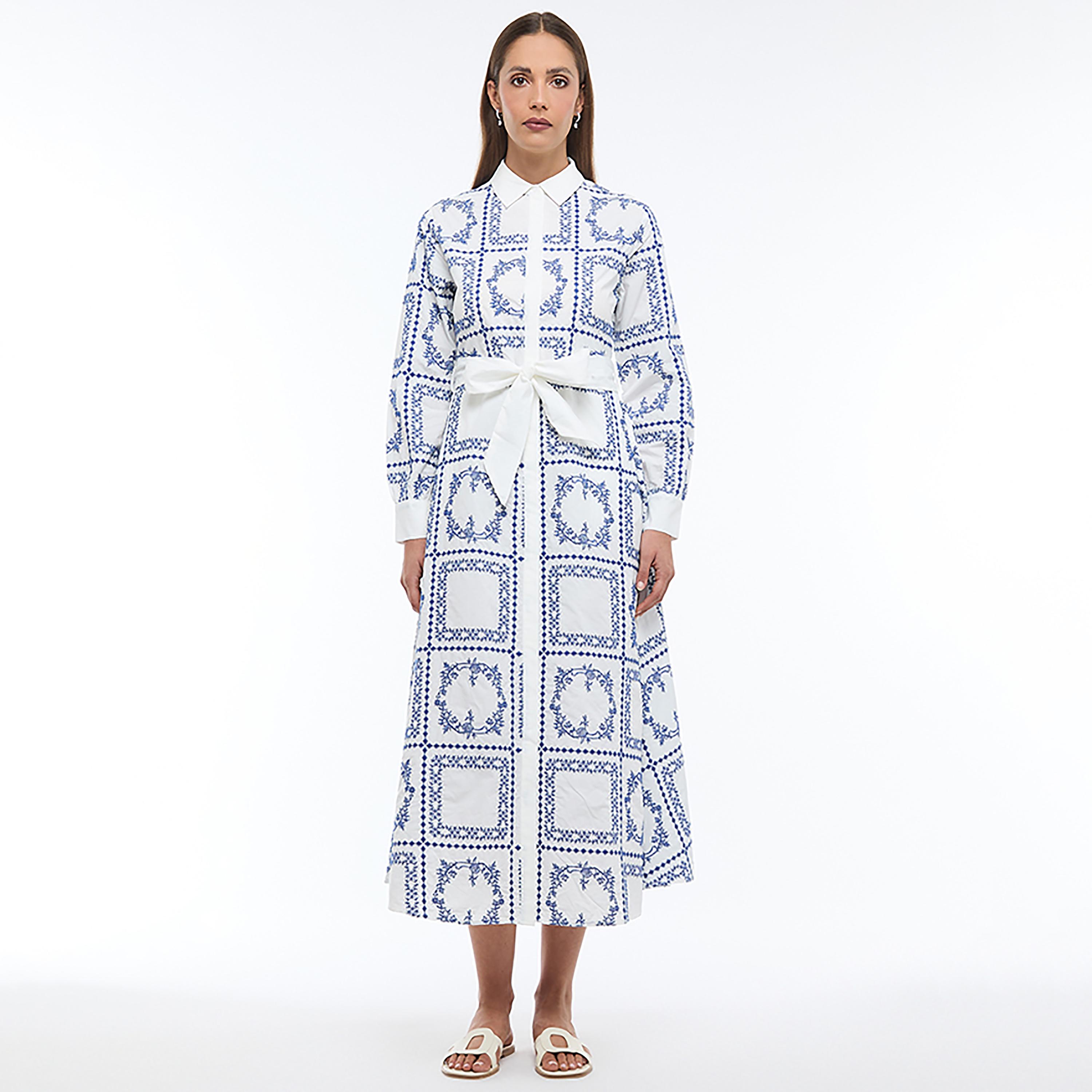 فستان قميص ميدي نسائي بأكمام بأساور وياقة وتطريز هندسي لون أبيض من بي سي بي جي-women-clothing-dresses-image-1