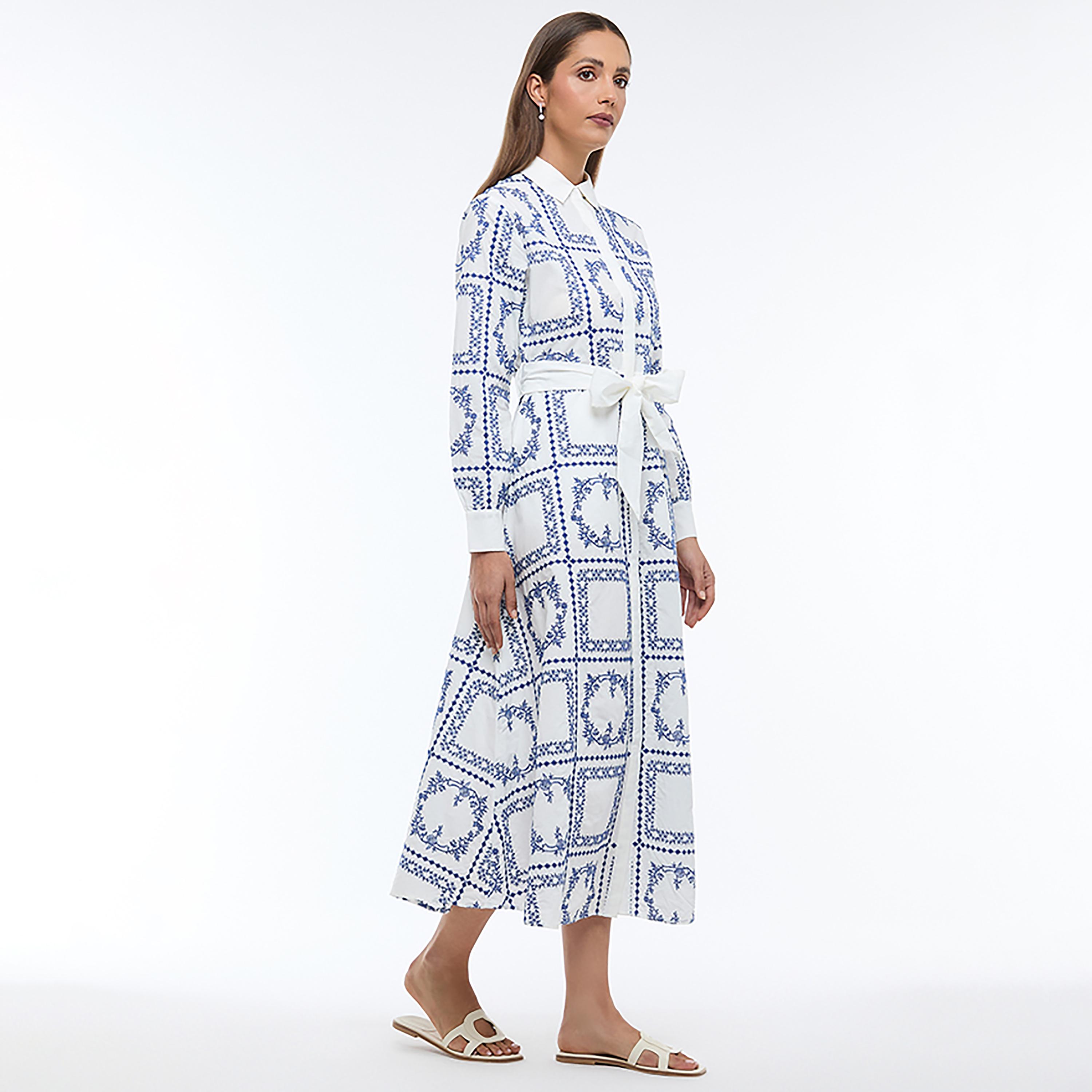 فستان قميص ميدي نسائي بأكمام بأساور وياقة وتطريز هندسي لون أبيض من بي سي بي جي-women-clothing-dresses-image-2
