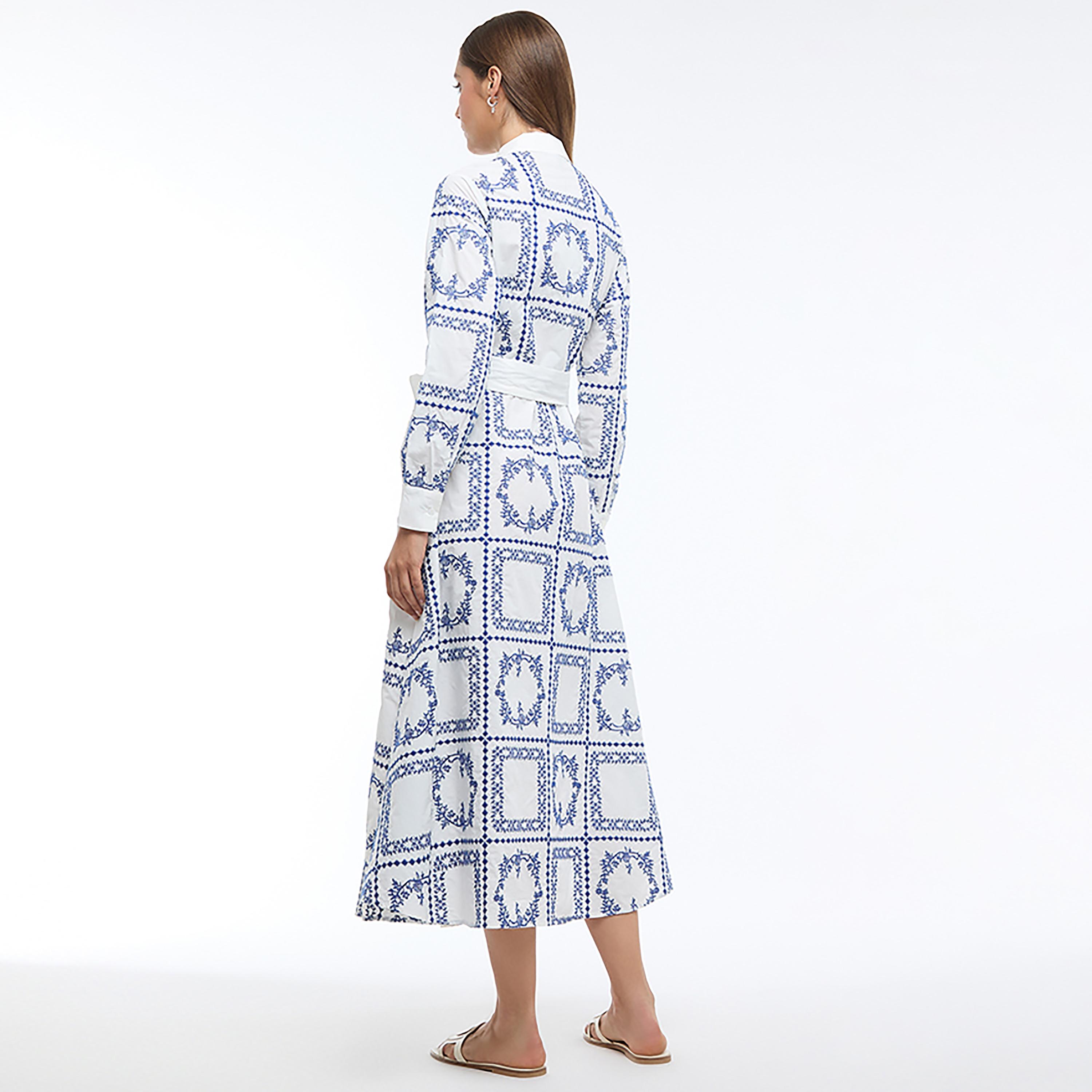 BCBG White Geometric Embroidered Collared Cuffed Sleeves Shirt Women's Midi Dress-women-clothing-dresses-image-3