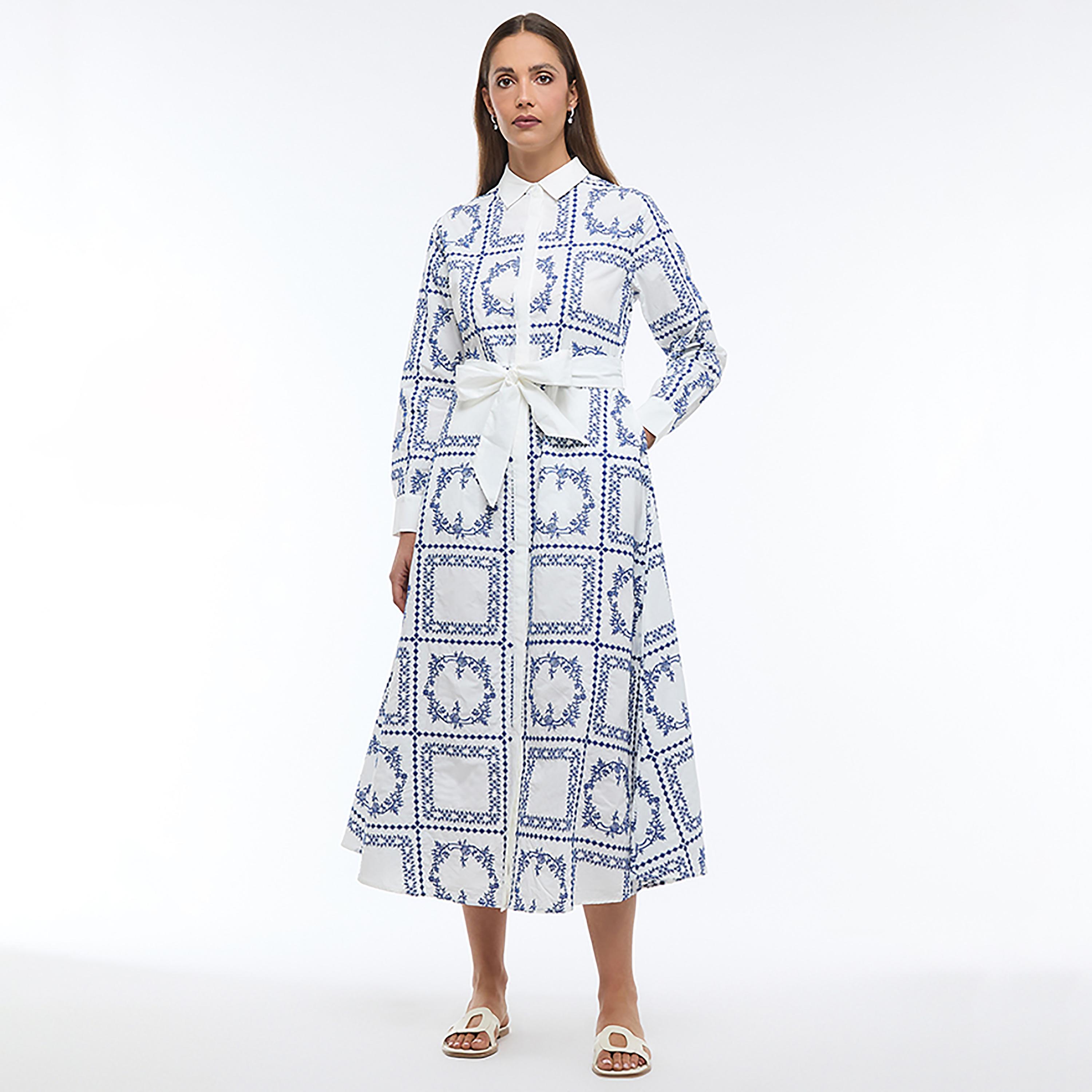 فستان قميص ميدي نسائي بأكمام بأساور وياقة وتطريز هندسي لون أبيض من بي سي بي جي-women-clothing-dresses-image-5