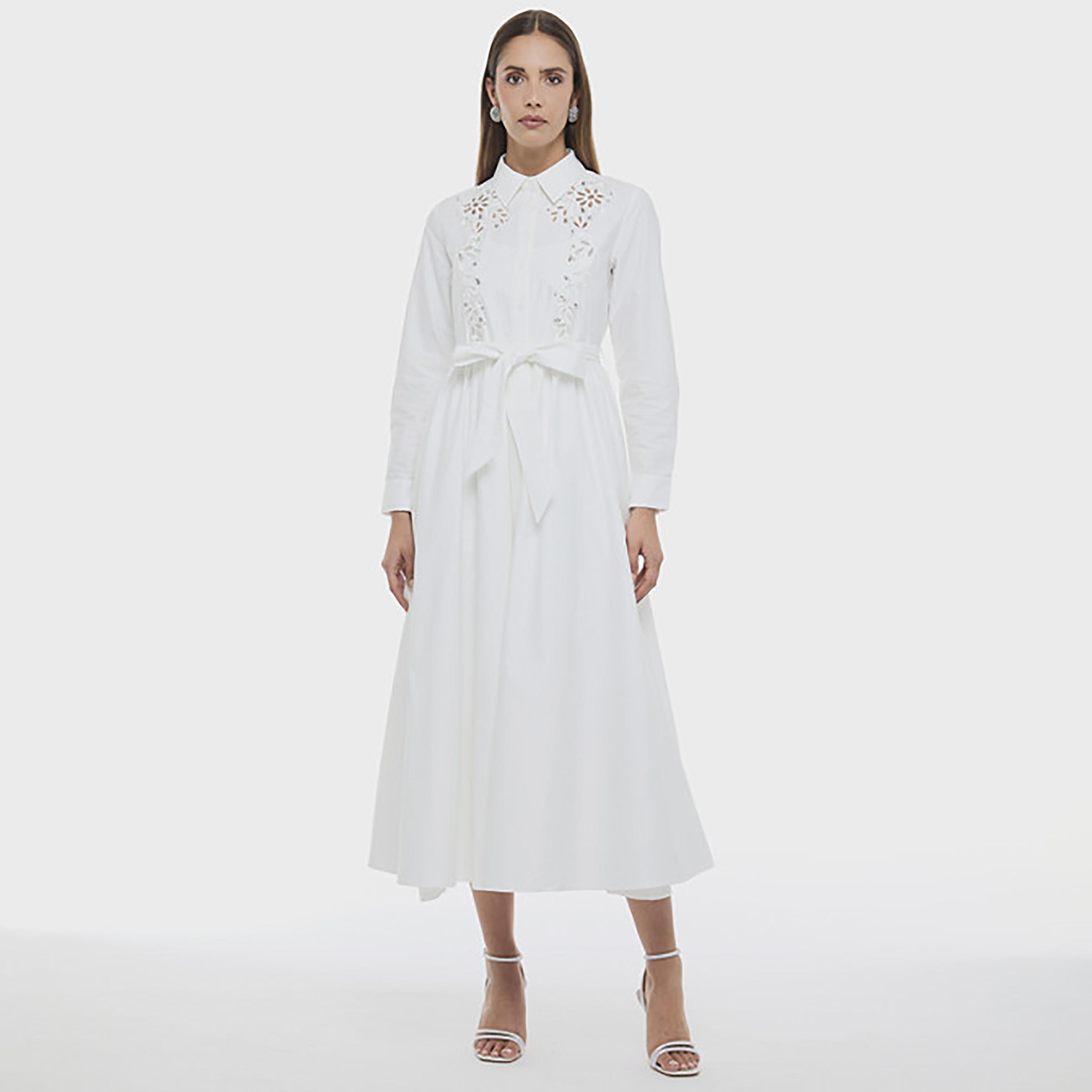 فستان قميص ميدي نسائي بأكمام بأساور وياقة وتطريز زهور لون أبيض من بي سي بي جي-women-clothing-dresses-image-1