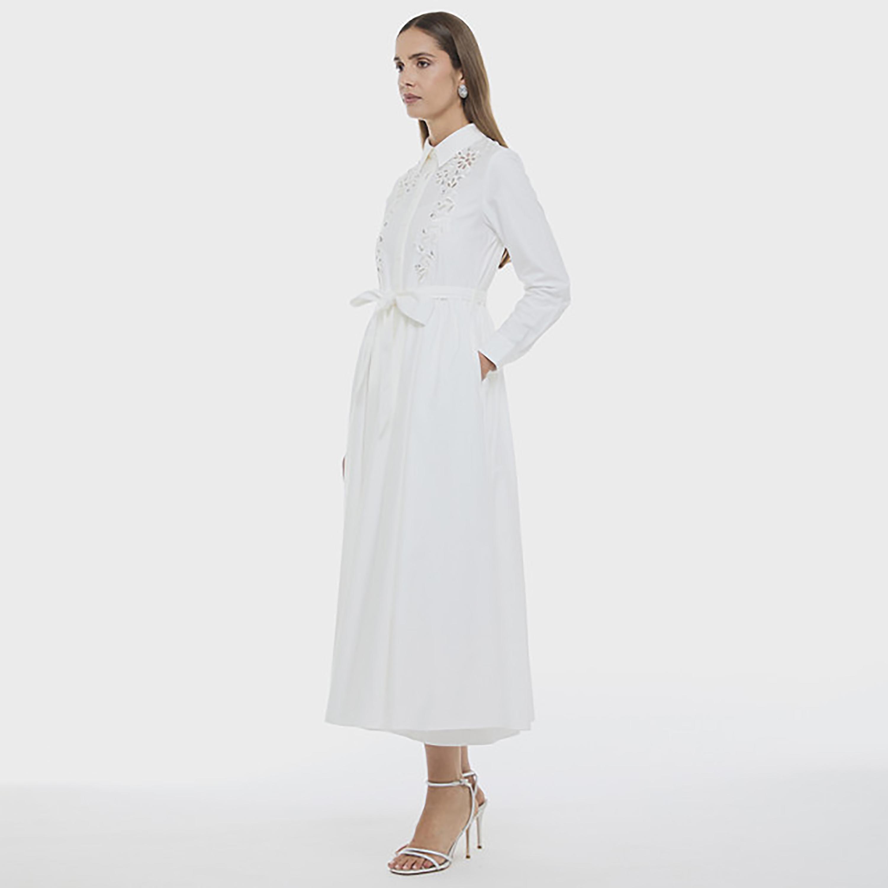 فستان قميص ميدي نسائي بأكمام بأساور وياقة وتطريز زهور لون أبيض من بي سي بي جي-women-clothing-dresses-image-2