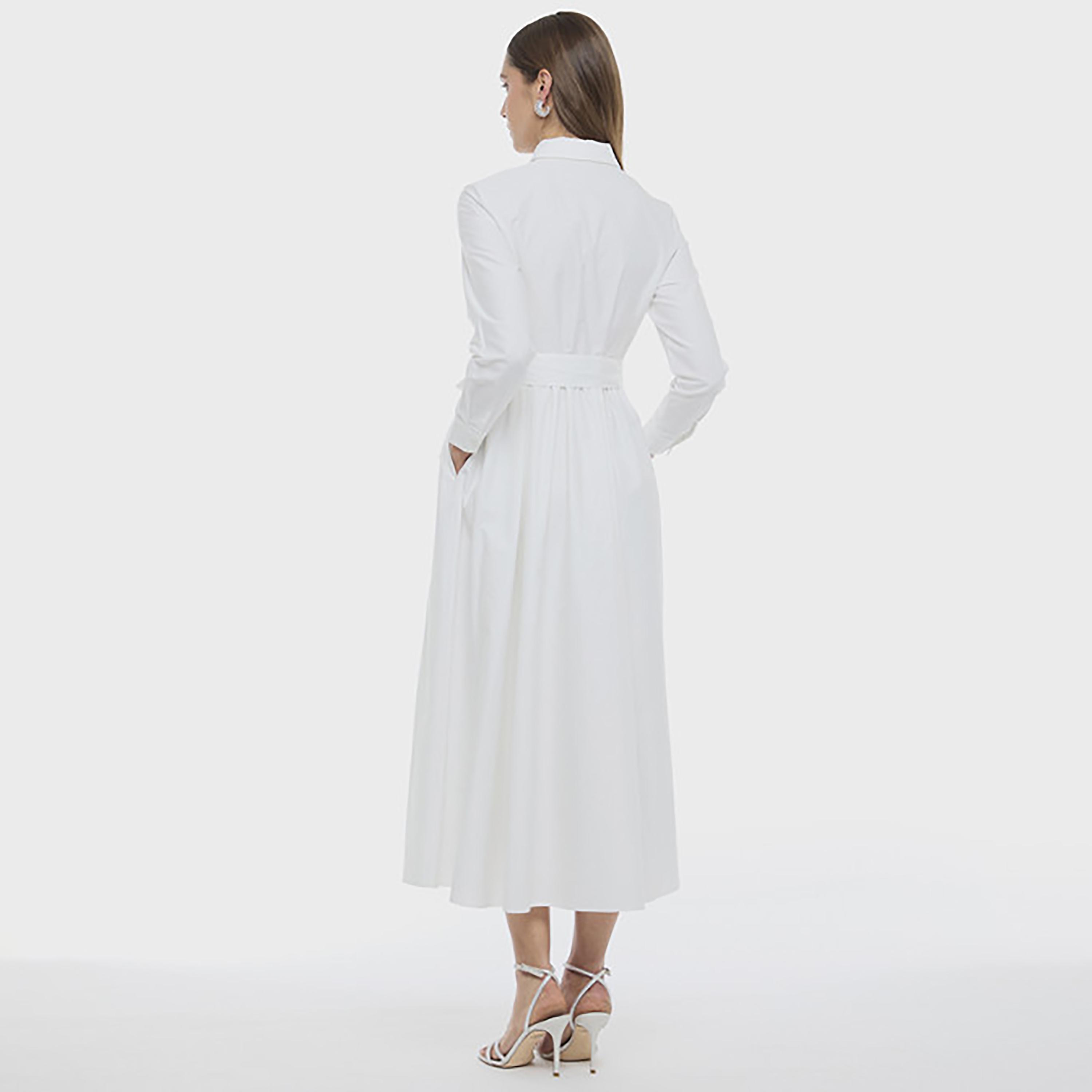 فستان قميص ميدي نسائي بأكمام بأساور وياقة وتطريز زهور لون أبيض من بي سي بي جي-women-clothing-dresses-image-3