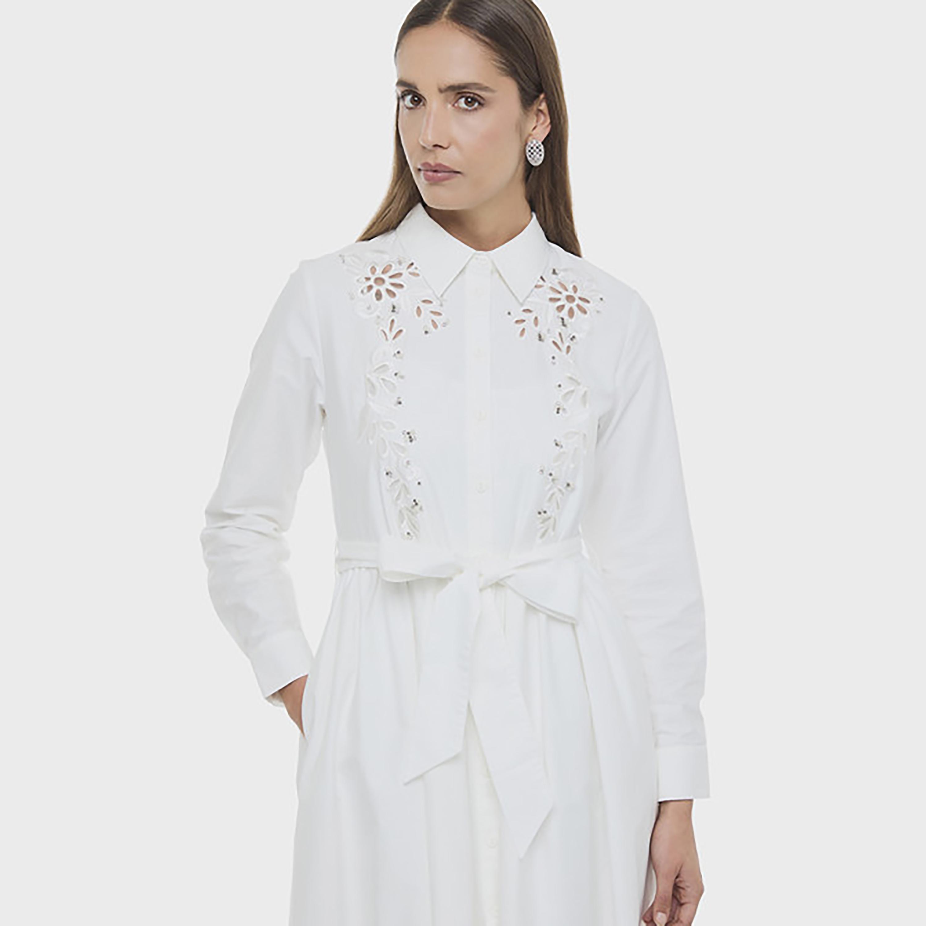 فستان قميص ميدي نسائي بأكمام بأساور وياقة وتطريز زهور لون أبيض من بي سي بي جي-women-clothing-dresses-image-4