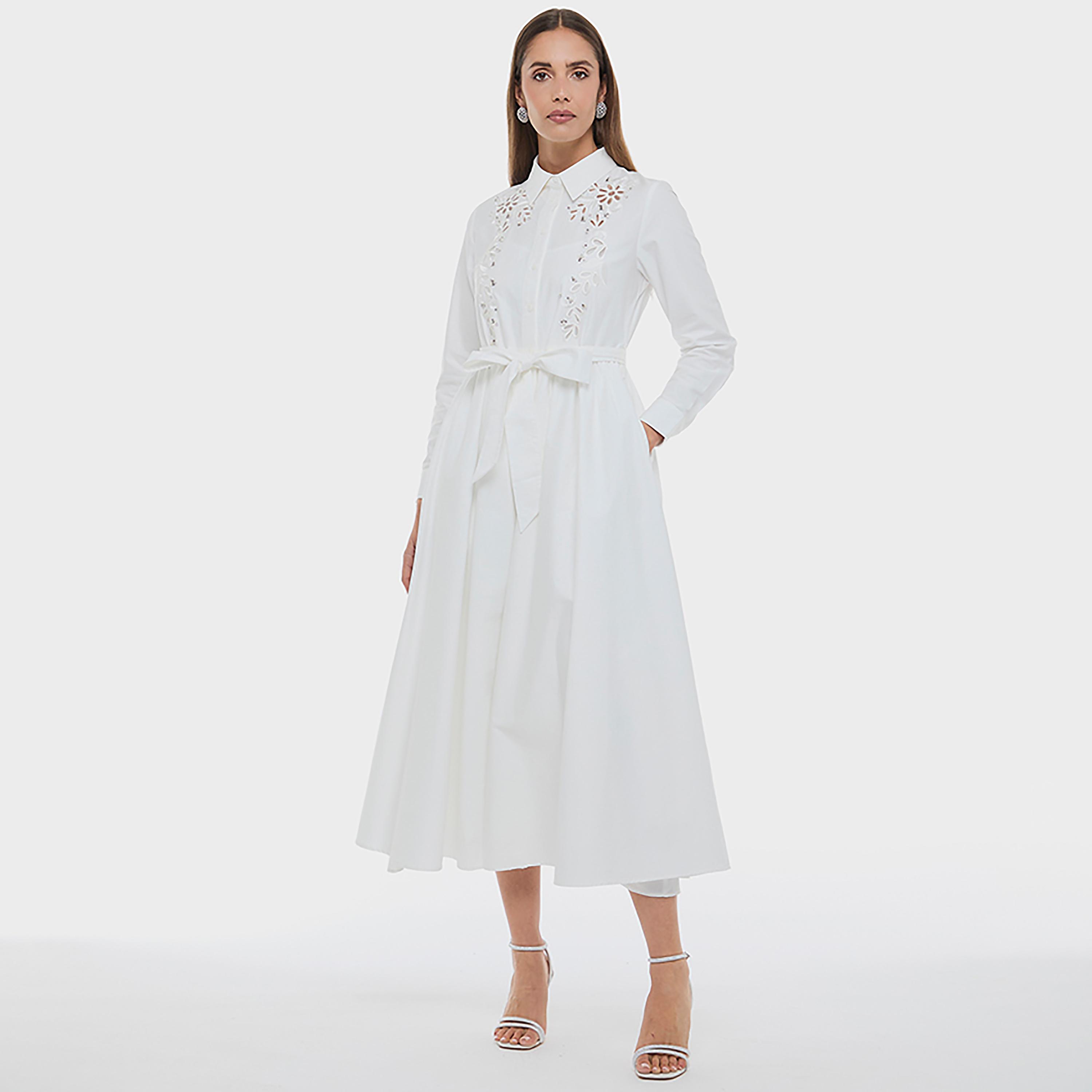 فستان قميص ميدي نسائي بأكمام بأساور وياقة وتطريز زهور لون أبيض من بي سي بي جي-women-clothing-dresses-image-5
