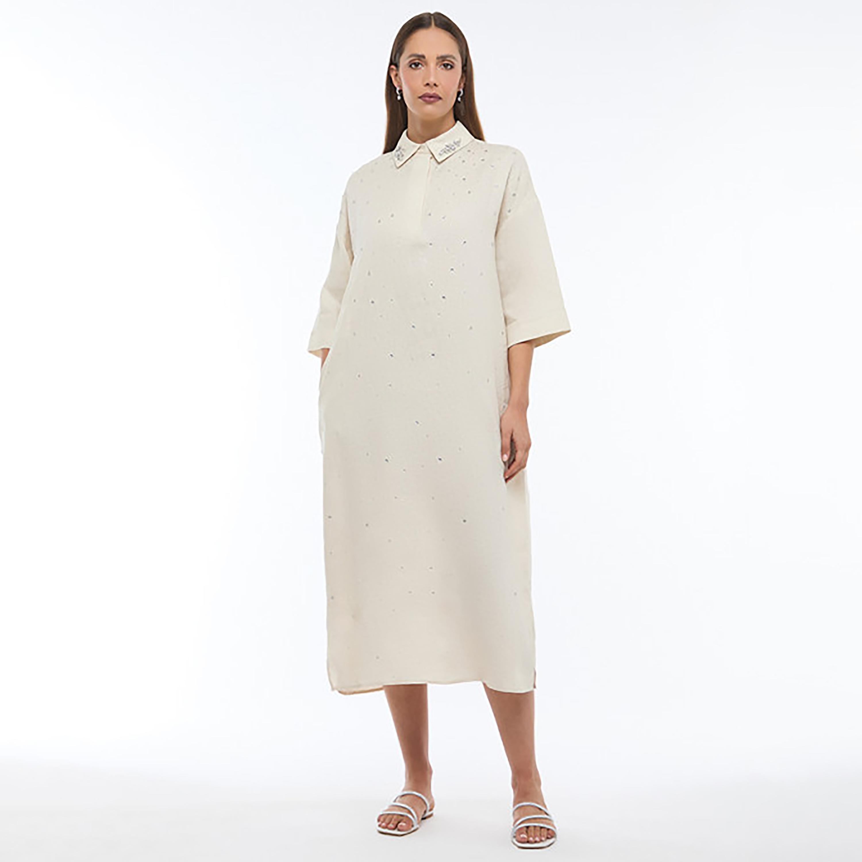 BCBG Beige Embellished Shirt Collar Shift Women's Midi Dress-women-clothing-dresses-image-1