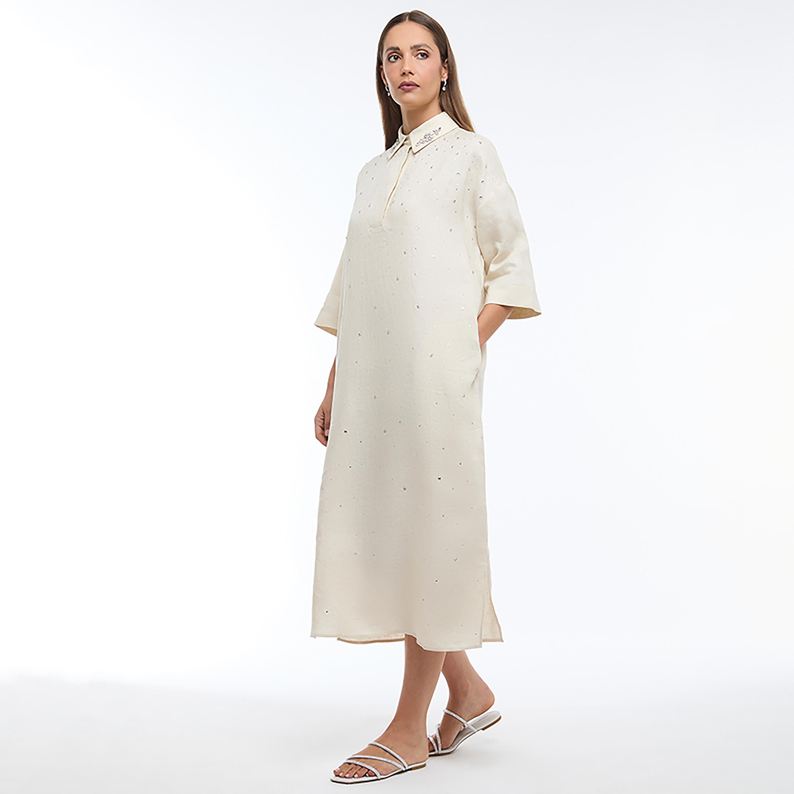 BCBG Beige Embellished Shirt Collar Shift Women's Midi Dress-women-clothing-dresses-image-2