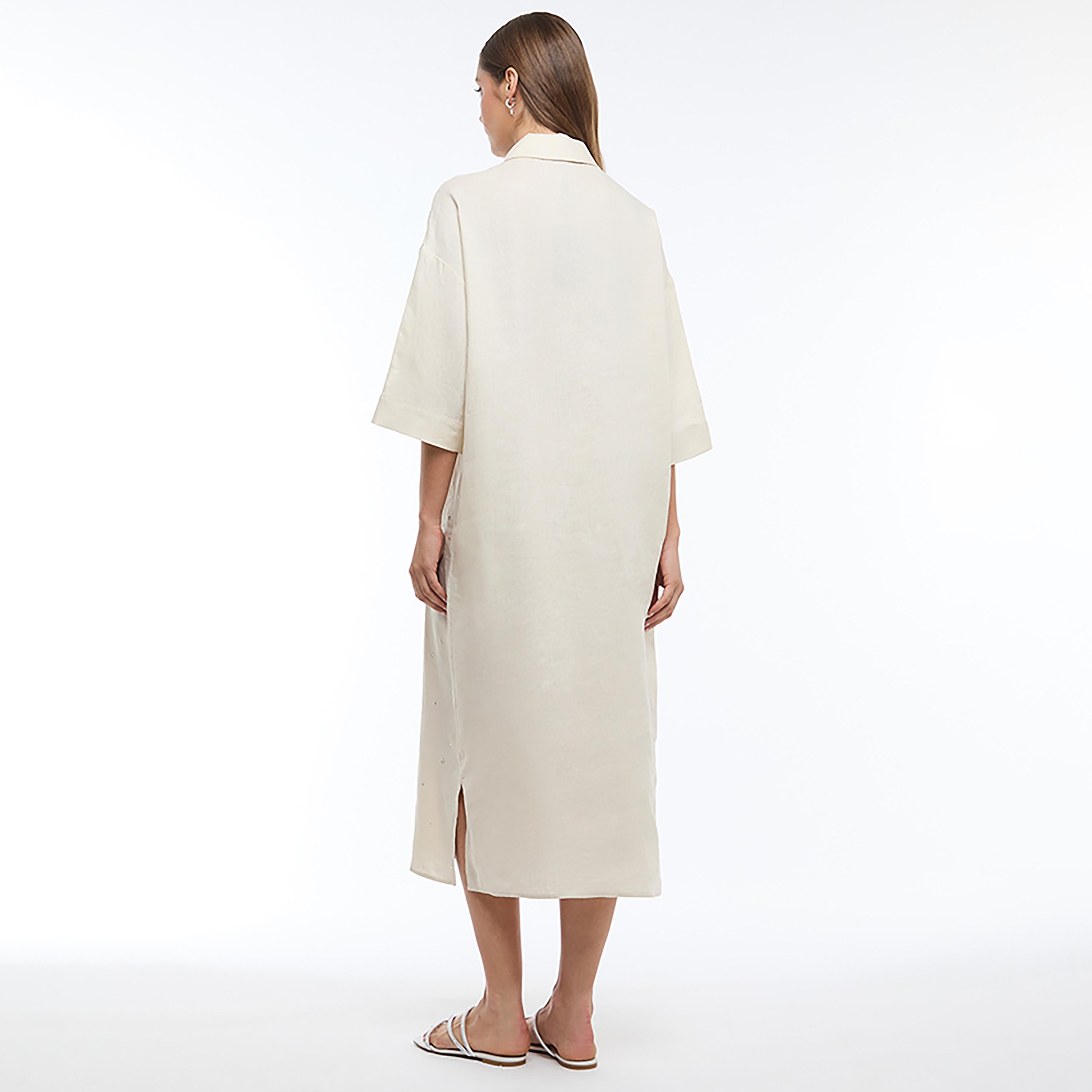 BCBG Beige Embellished Shirt Collar Shift Women's Midi Dress-women-clothing-dresses-image-3