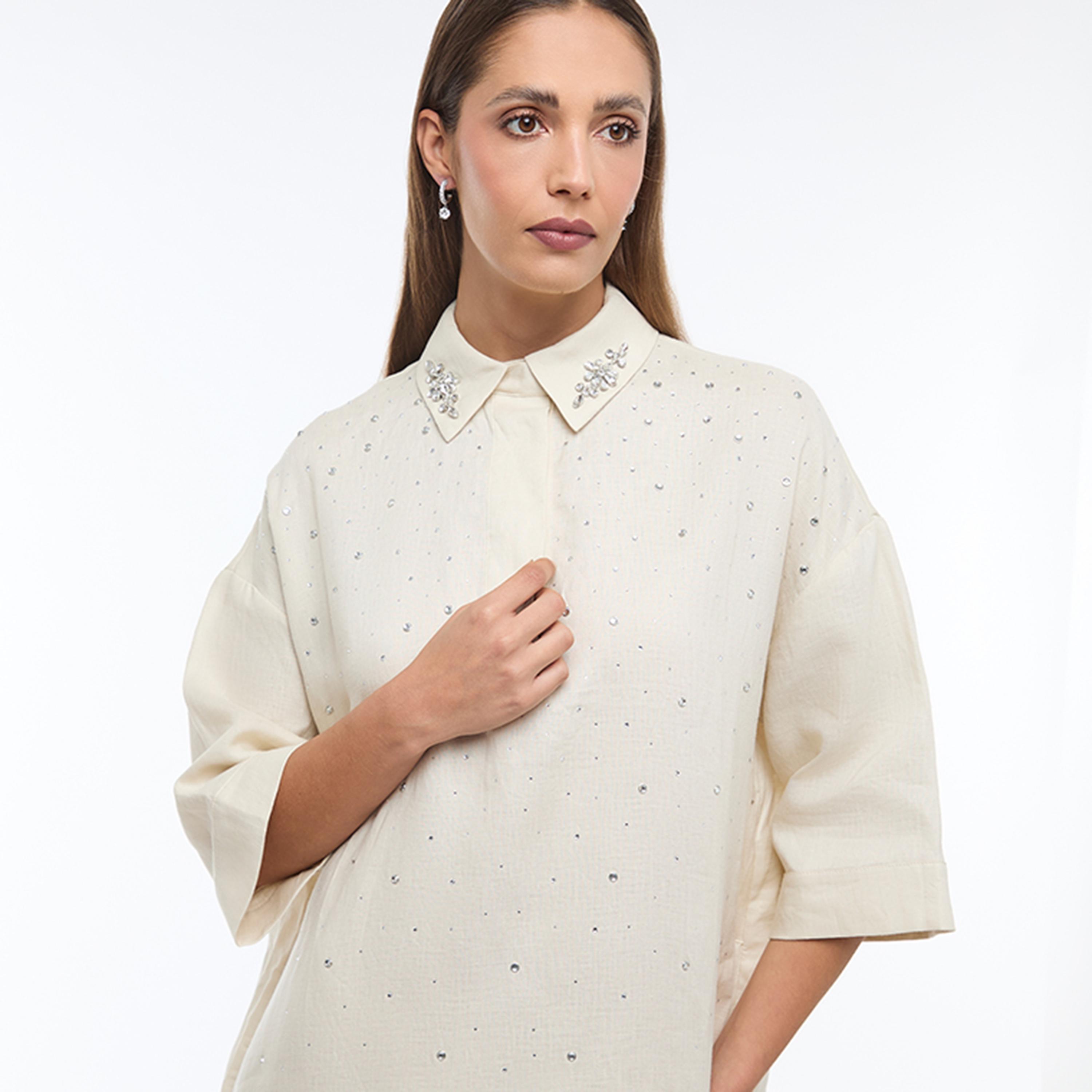 BCBG Beige Embellished Shirt Collar Shift Women's Midi Dress-women-clothing-dresses-image-4
