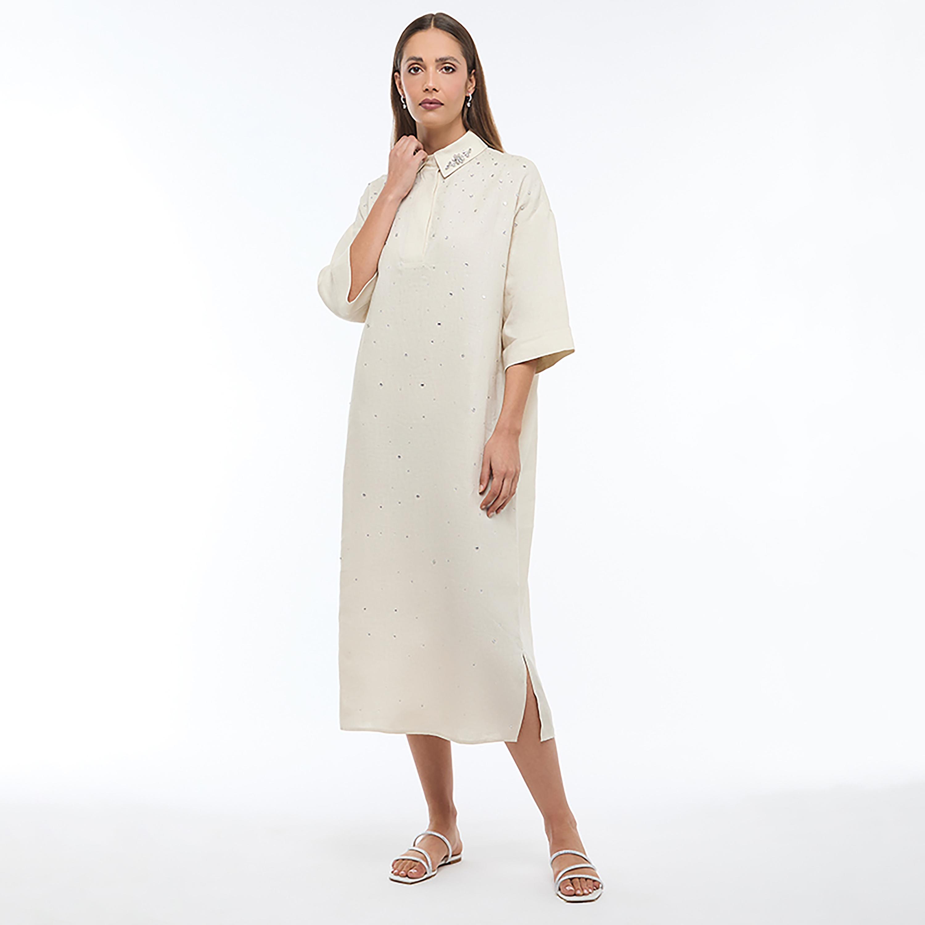 BCBG Beige Embellished Shirt Collar Shift Women's Midi Dress-women-clothing-dresses-image-5