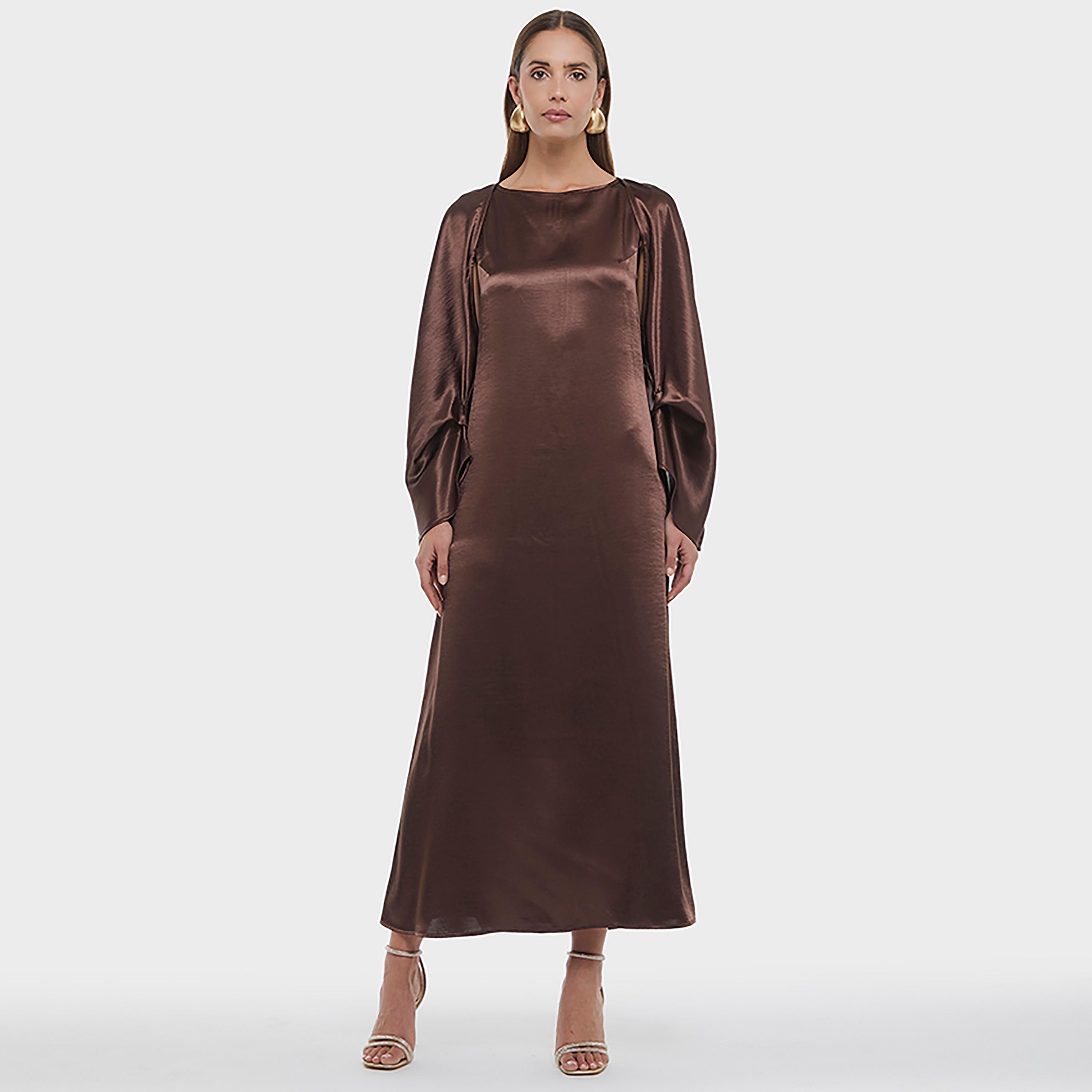 BCBG Brown Satin Wide Sleeves Women's Maxi Dress-women-clothing-dresses-image-1