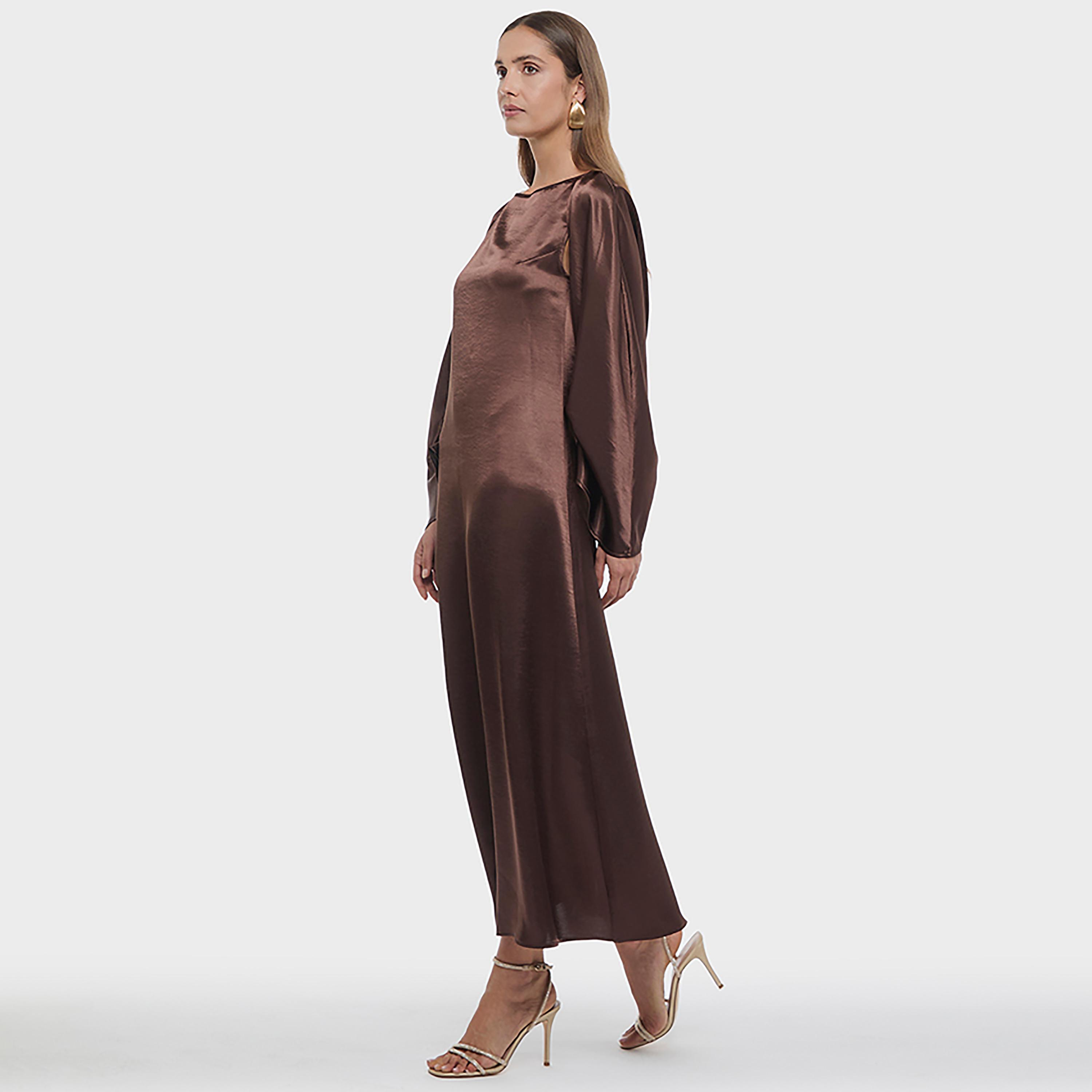 BCBG Brown Satin Wide Sleeves Women's Maxi Dress-women-clothing-dresses-image-2