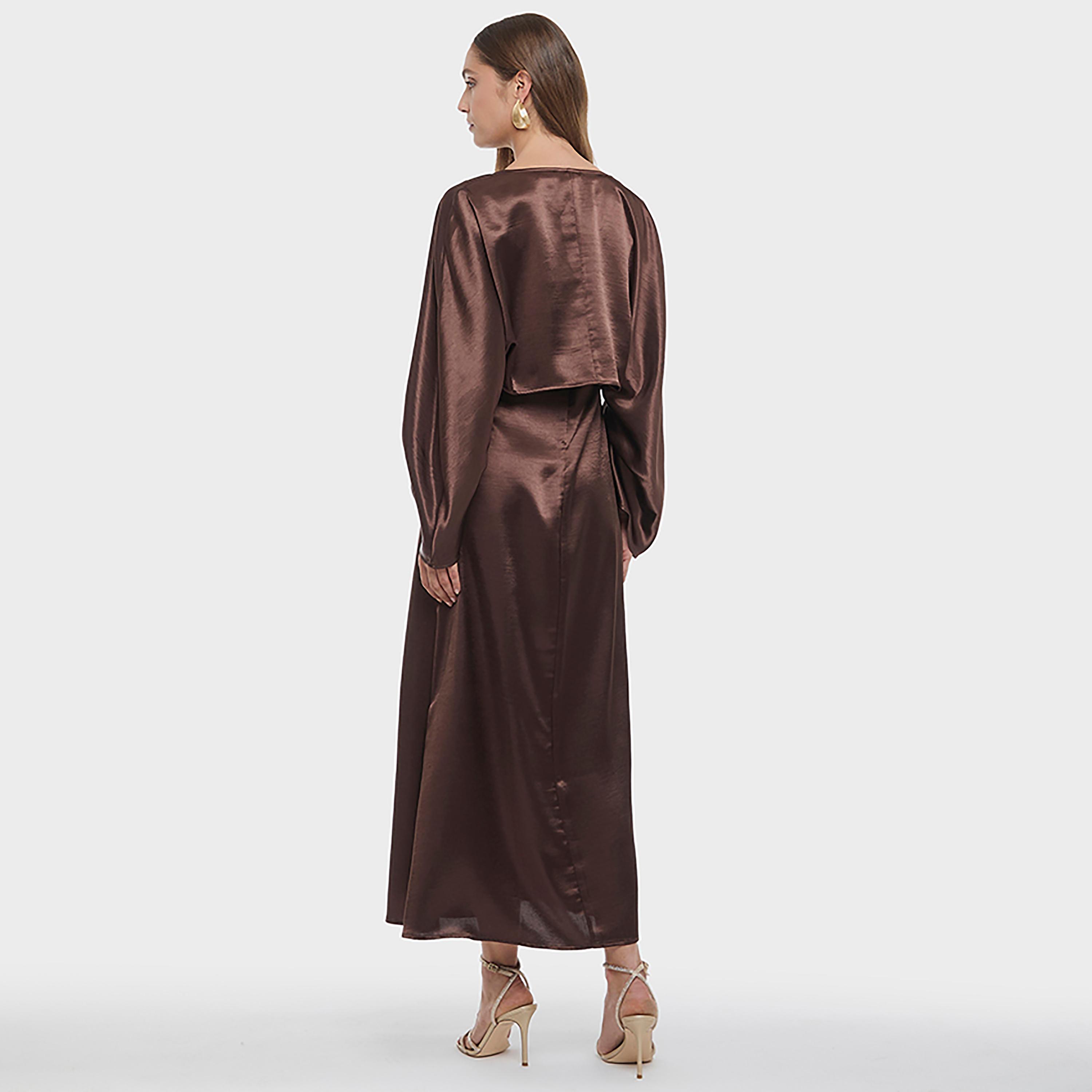 BCBG Brown Satin Wide Sleeves Women's Maxi Dress-women-clothing-dresses-image-3