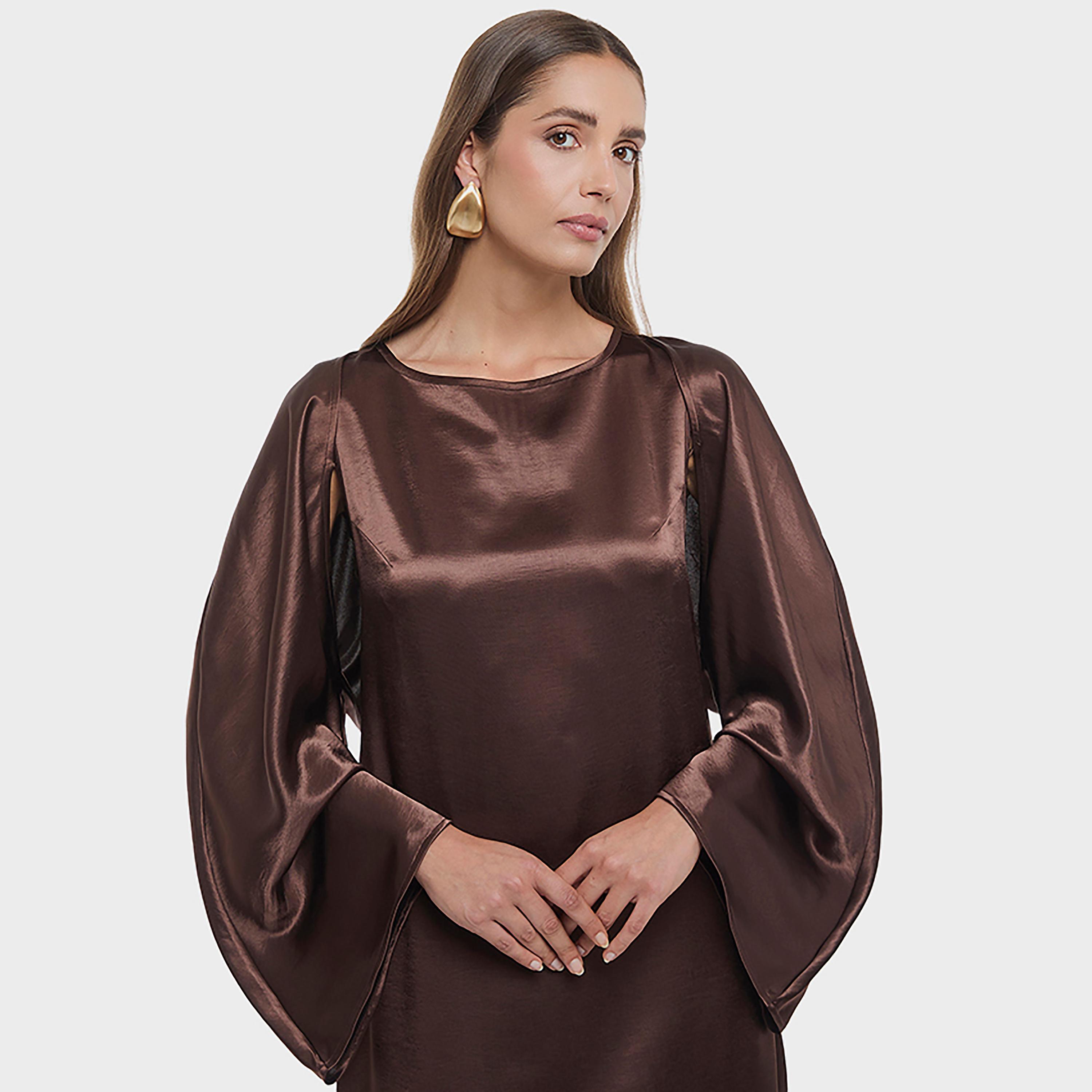 BCBG Brown Satin Wide Sleeves Women's Maxi Dress-women-clothing-dresses-image-4