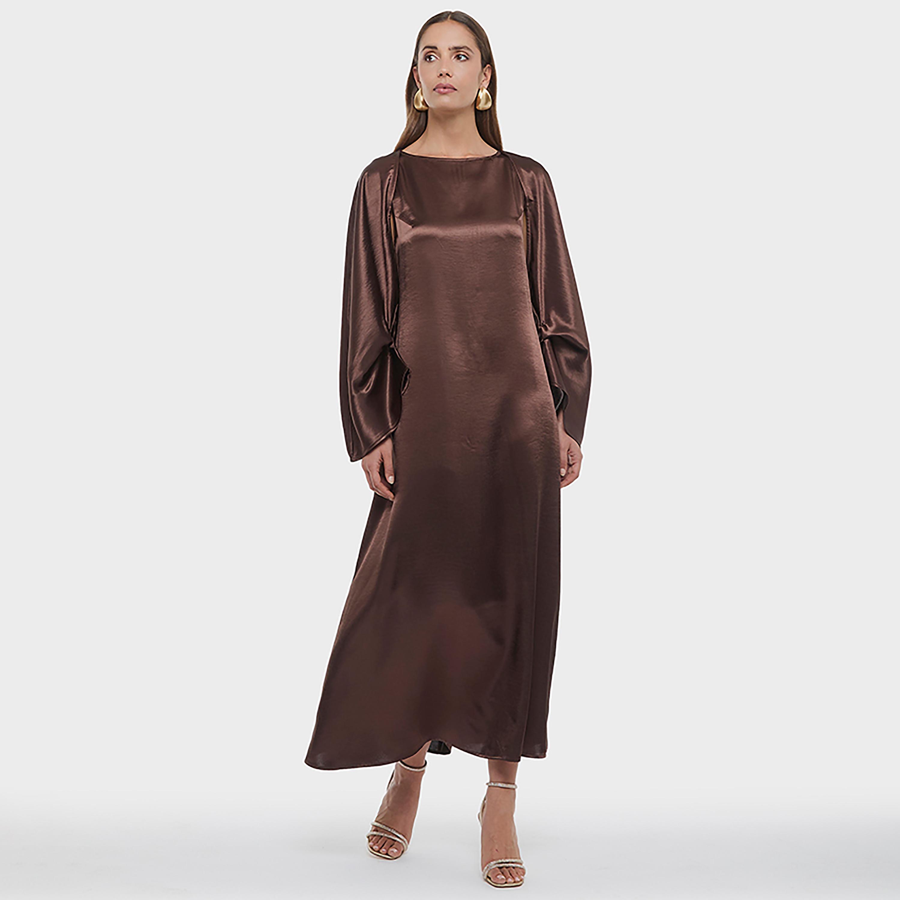 BCBG Brown Satin Wide Sleeves Women's Maxi Dress-women-clothing-dresses-image-5