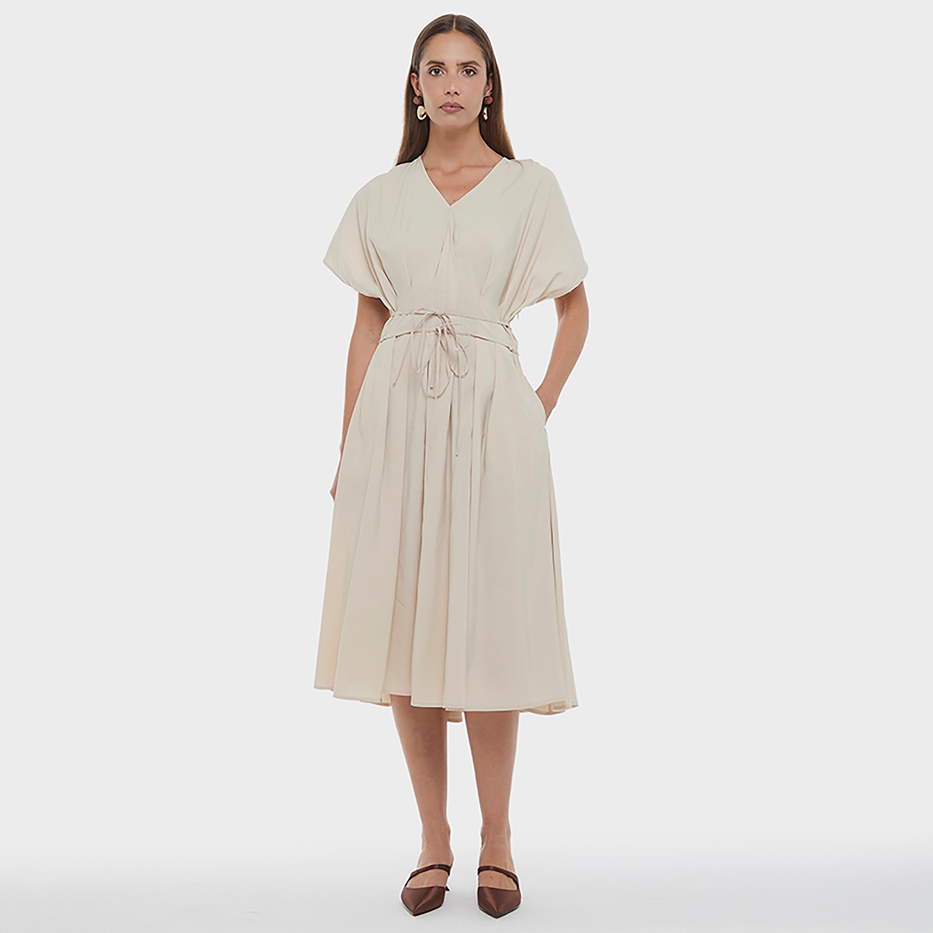 BCBG Beige Cupro Cap Sleeves Fit & Flared Women's Midi Dress-women-clothing-dresses-image-1