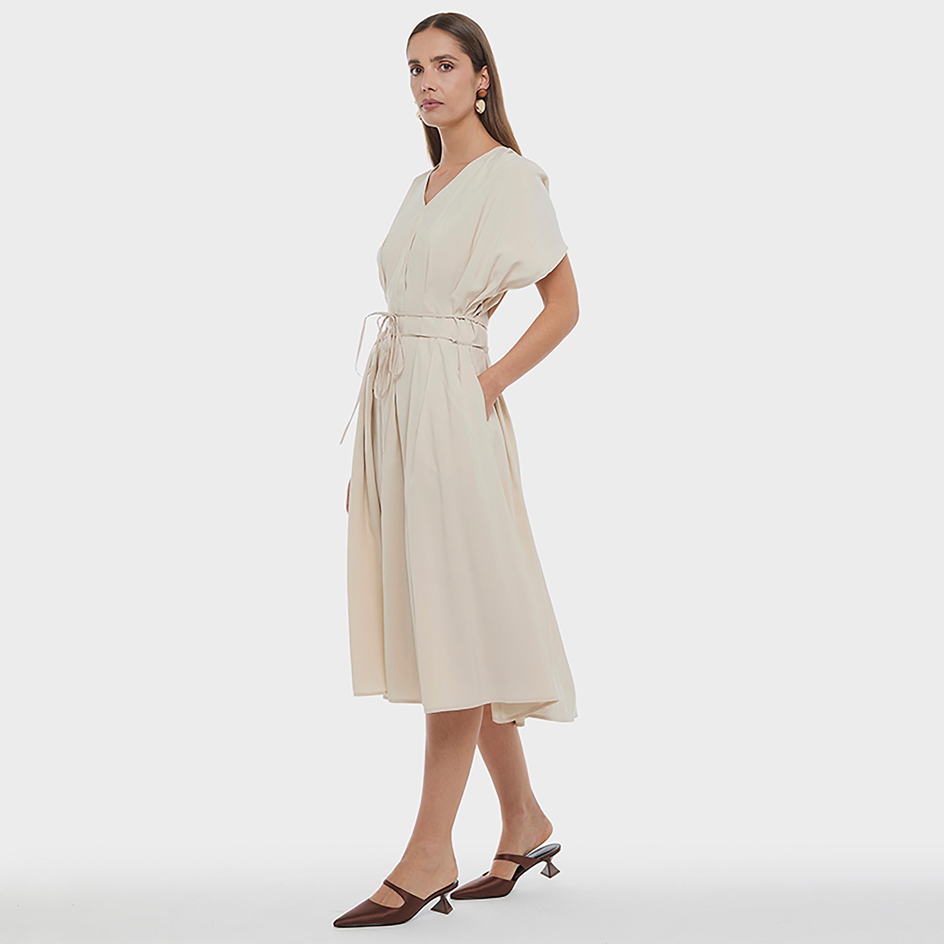 BCBG Beige Cupro Cap Sleeves Fit & Flared Women's Midi Dress-women-clothing-dresses-image-2