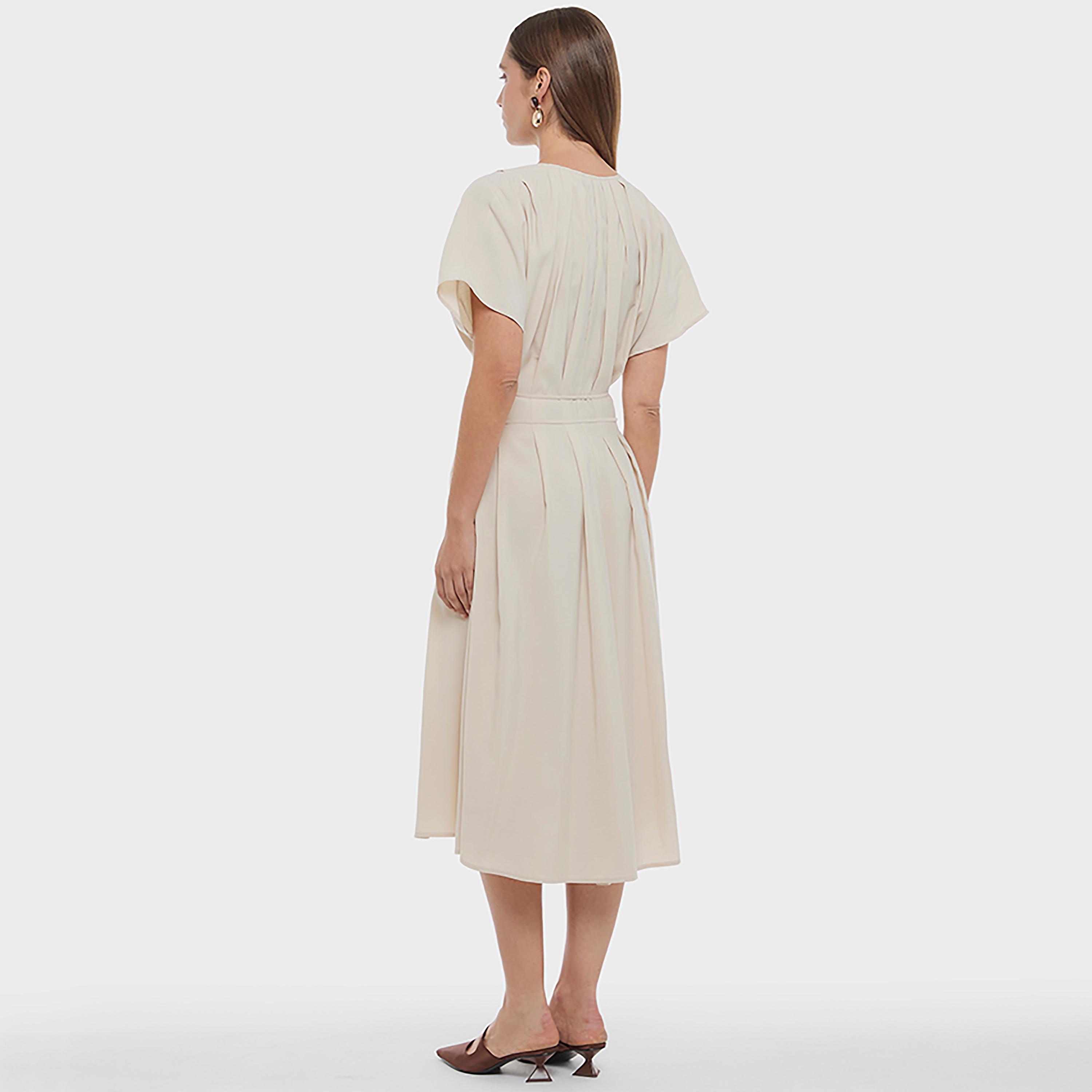 BCBG Beige Cupro Cap Sleeves Fit & Flared Women's Midi Dress-women-clothing-dresses-image-3