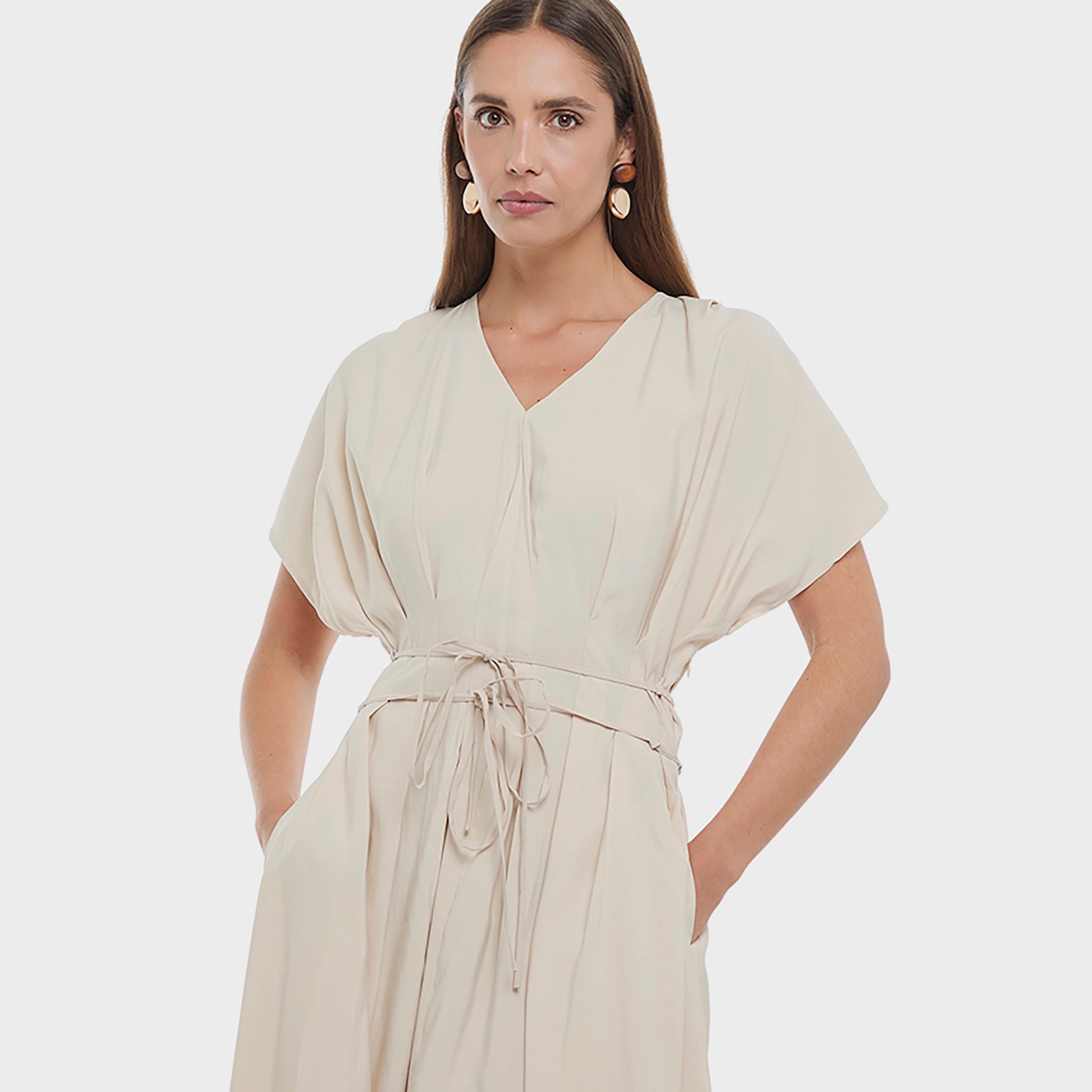 BCBG Beige Cupro Cap Sleeves Fit & Flared Women's Midi Dress-women-clothing-dresses-image-4