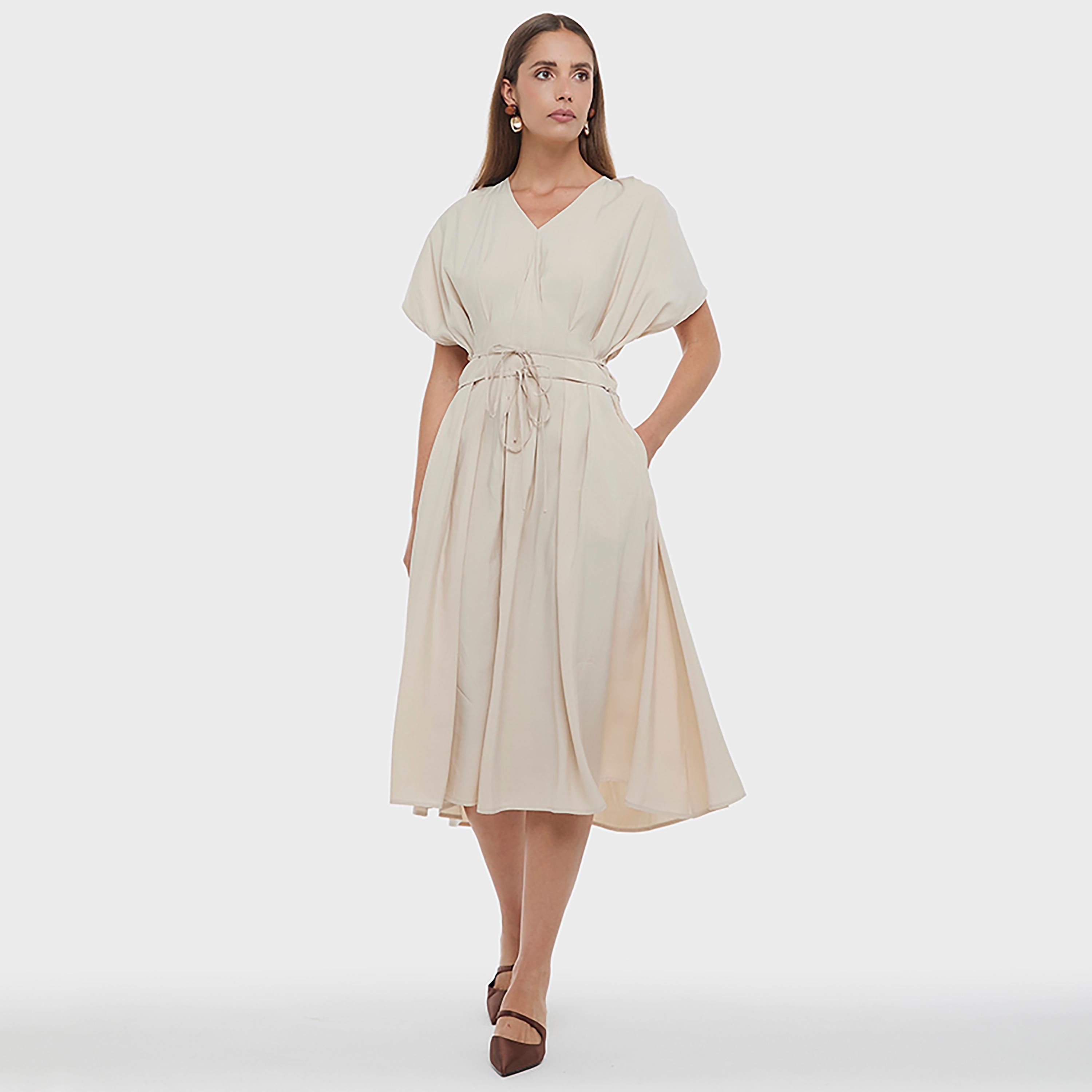 BCBG Beige Cupro Cap Sleeves Fit & Flared Women's Midi Dress-women-clothing-dresses-image-5