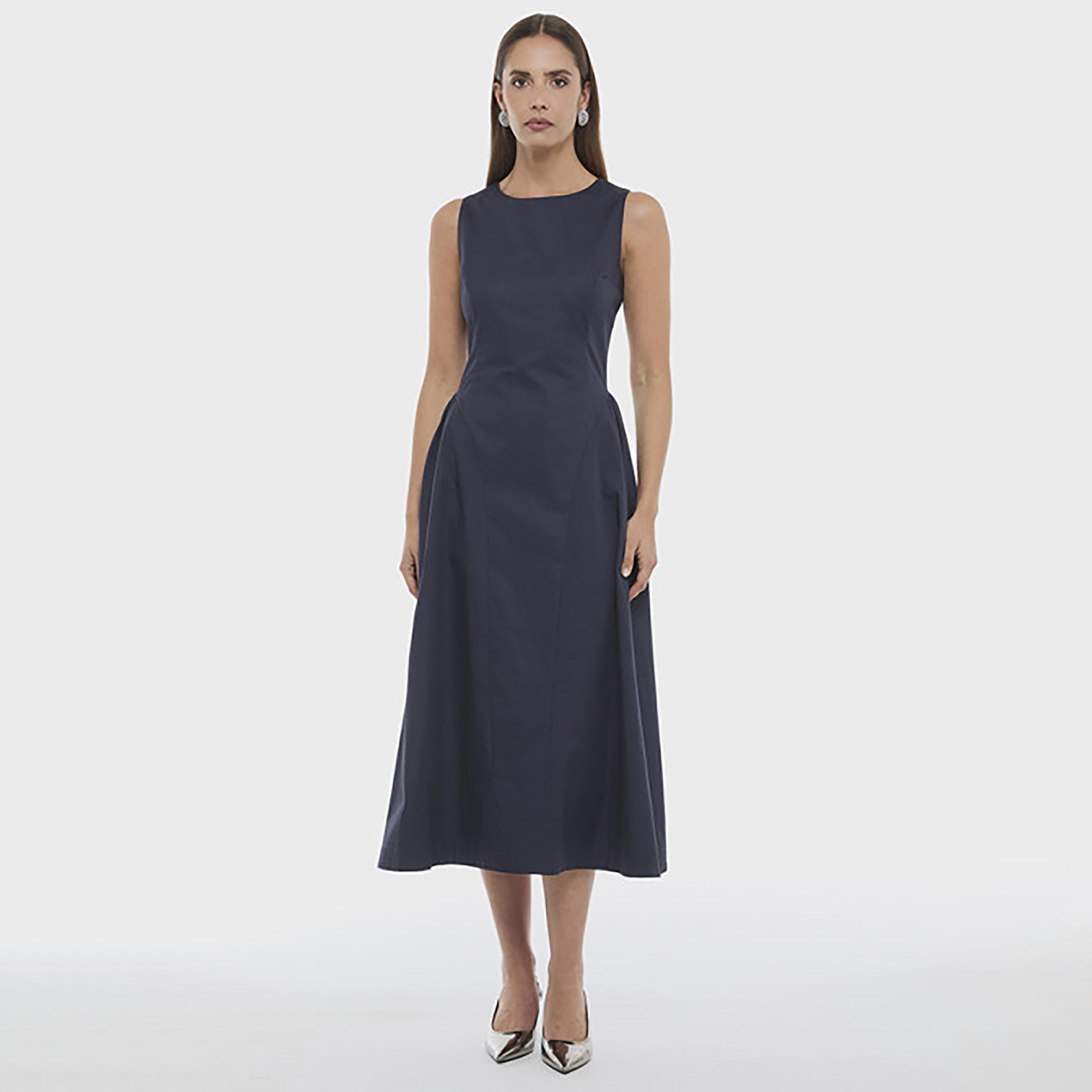 BCBG Navy Poplin Fit and Flare Women's Midi Dress-women-clothing-dresses-image-2
