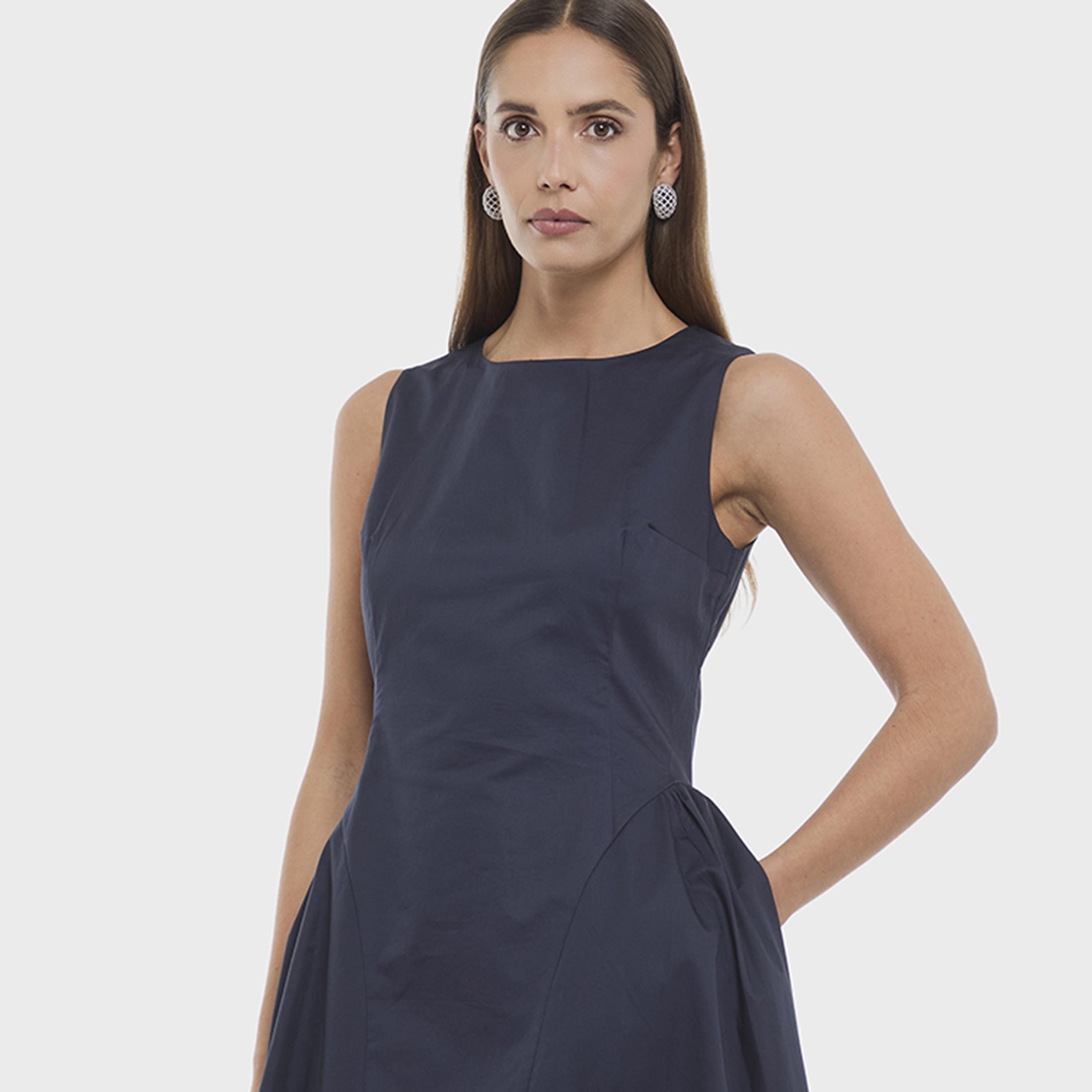BCBG Navy Poplin Fit and Flare Women's Midi Dress-women-clothing-dresses-image-4