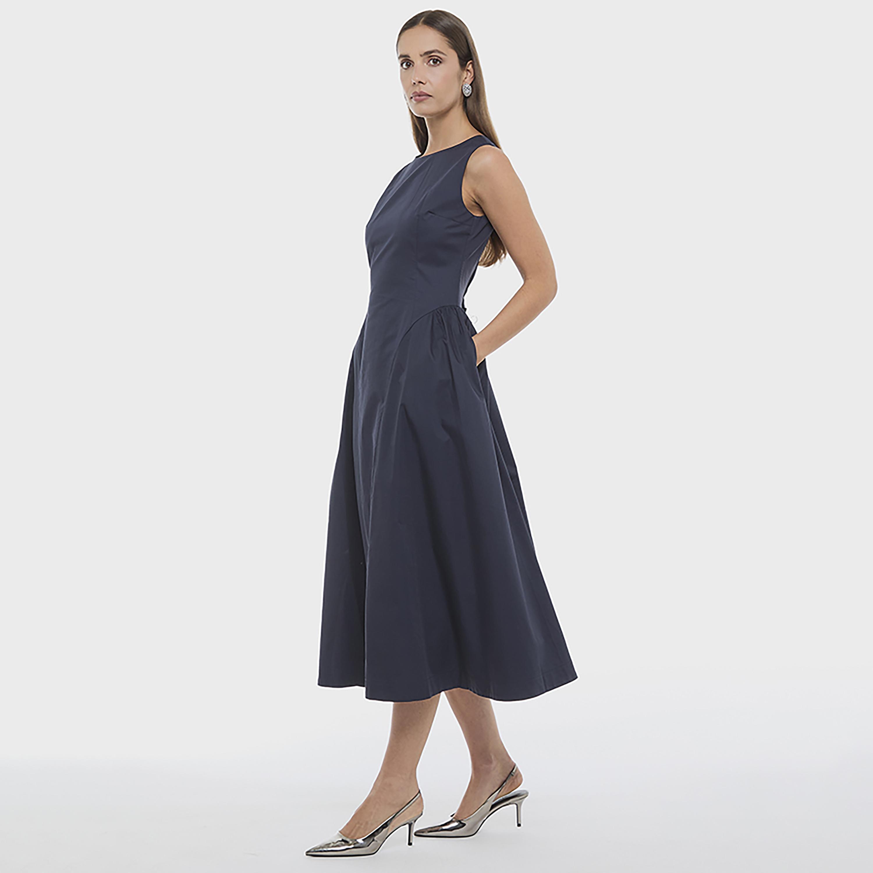 BCBG Navy Poplin Fit and Flare Women's Midi Dress-women-clothing-dresses-image-5